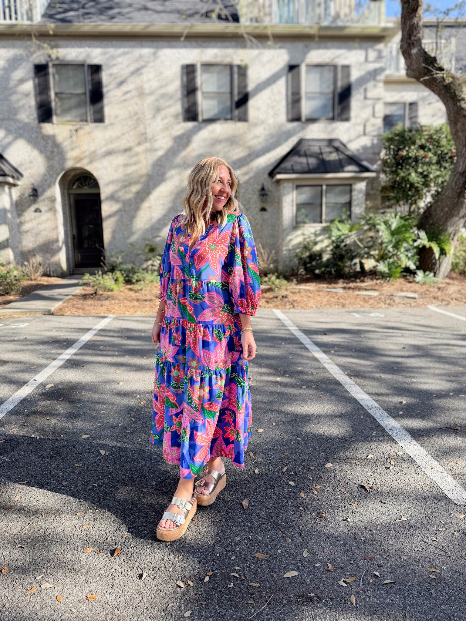 Sunshine and Florals Multi Color Quarter Sleeve Maxi Dress