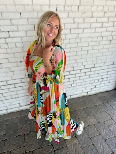 Easy Breezy Multi Color Abstract Print Smocked Bodice Maxi Dress