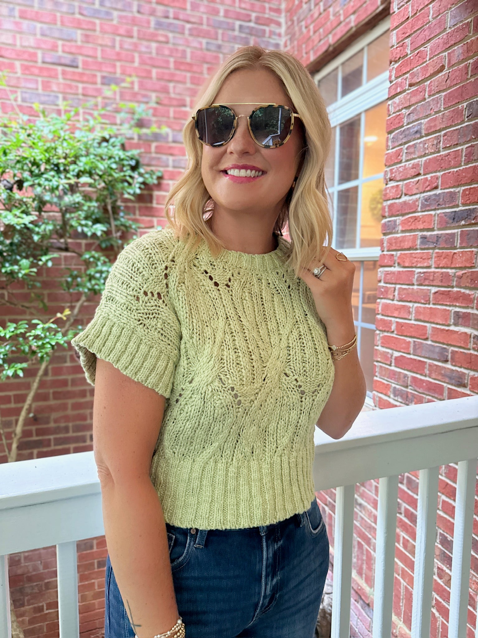 The Perfect Cable Knit Short Sleeve Top in Pistachio