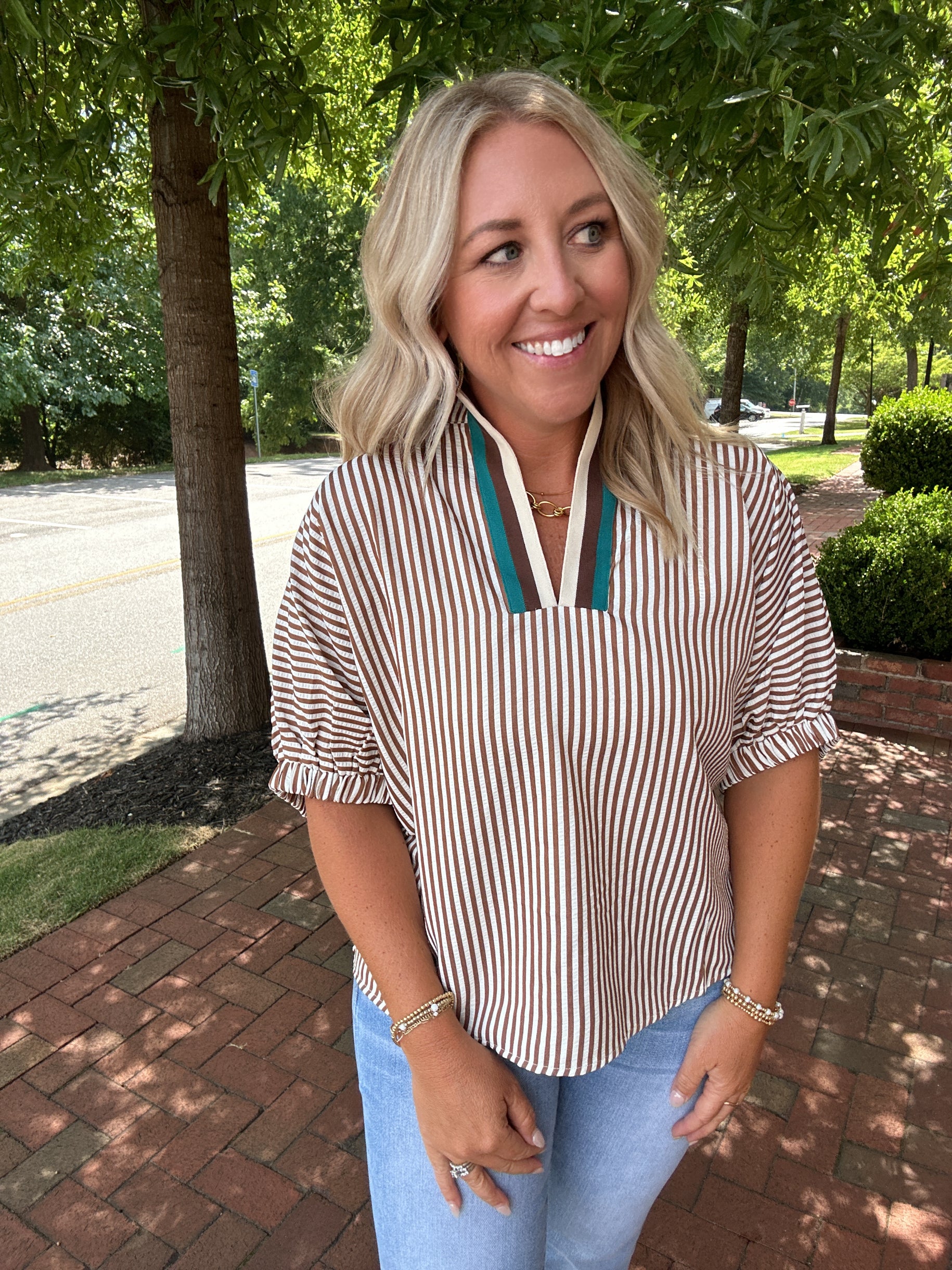 The Sky Is Gold Striped High Collar Flowy Top
