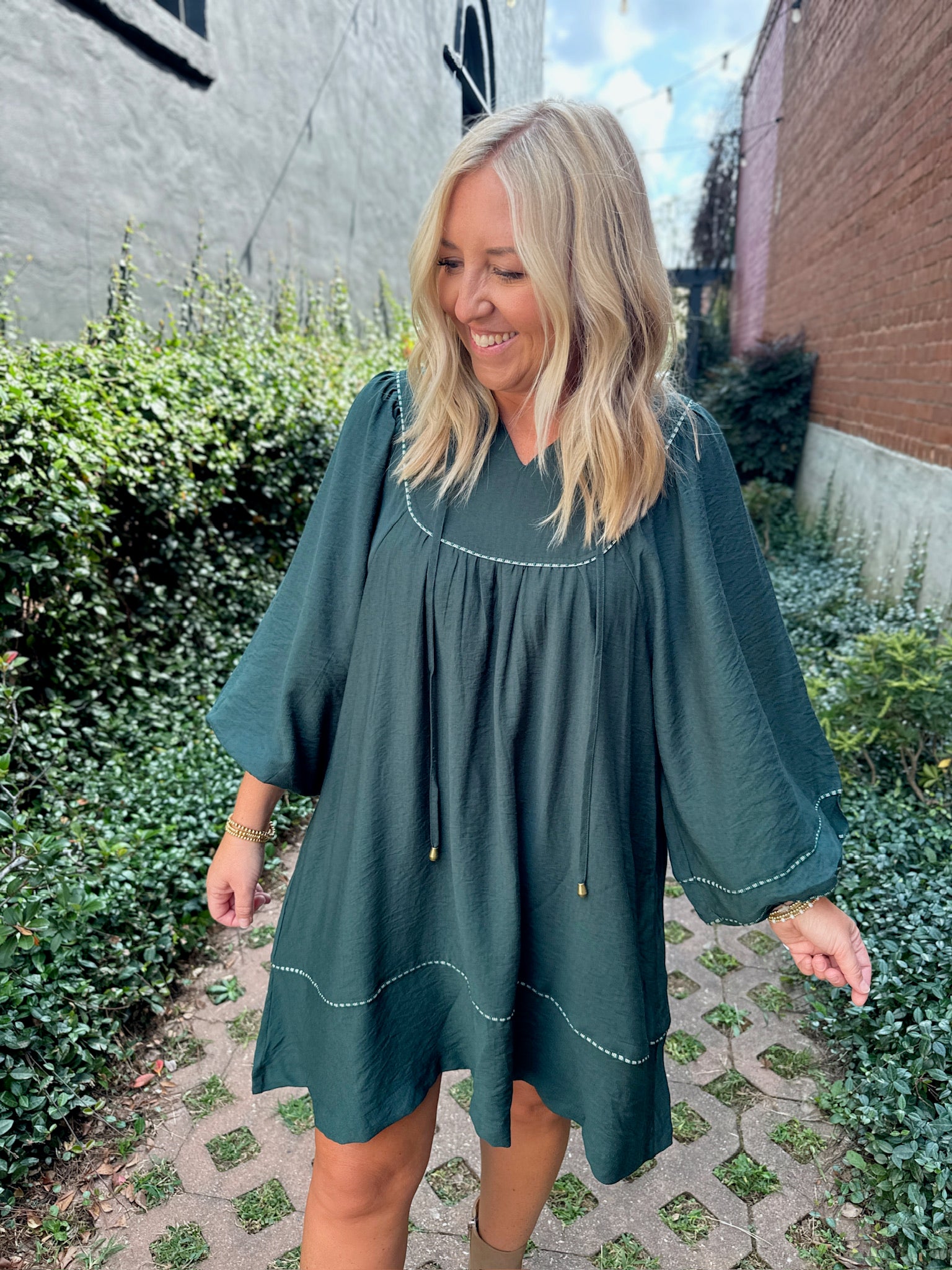 Just a Little Bit Long Sleeve Detailed Trim Mini Dress