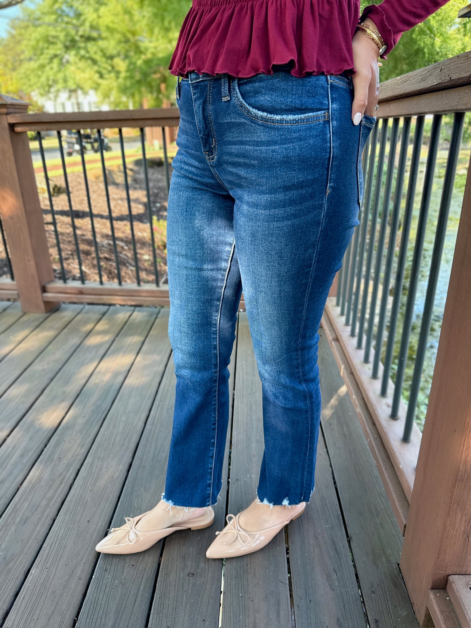 Portable Mid Rise Cropped Mini Bootcut Jeans