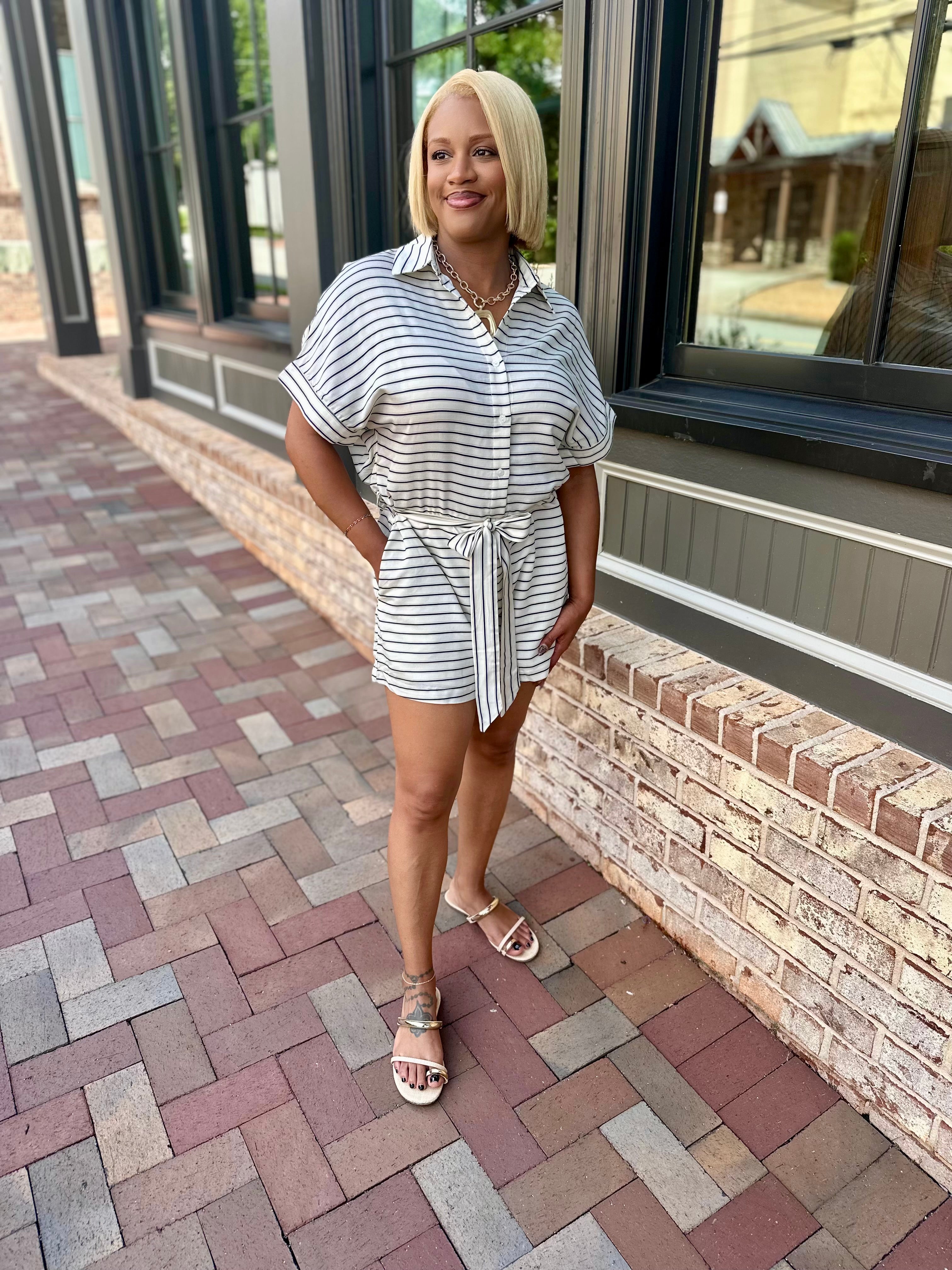 Best Dressed Navy Striped Button Down Romper