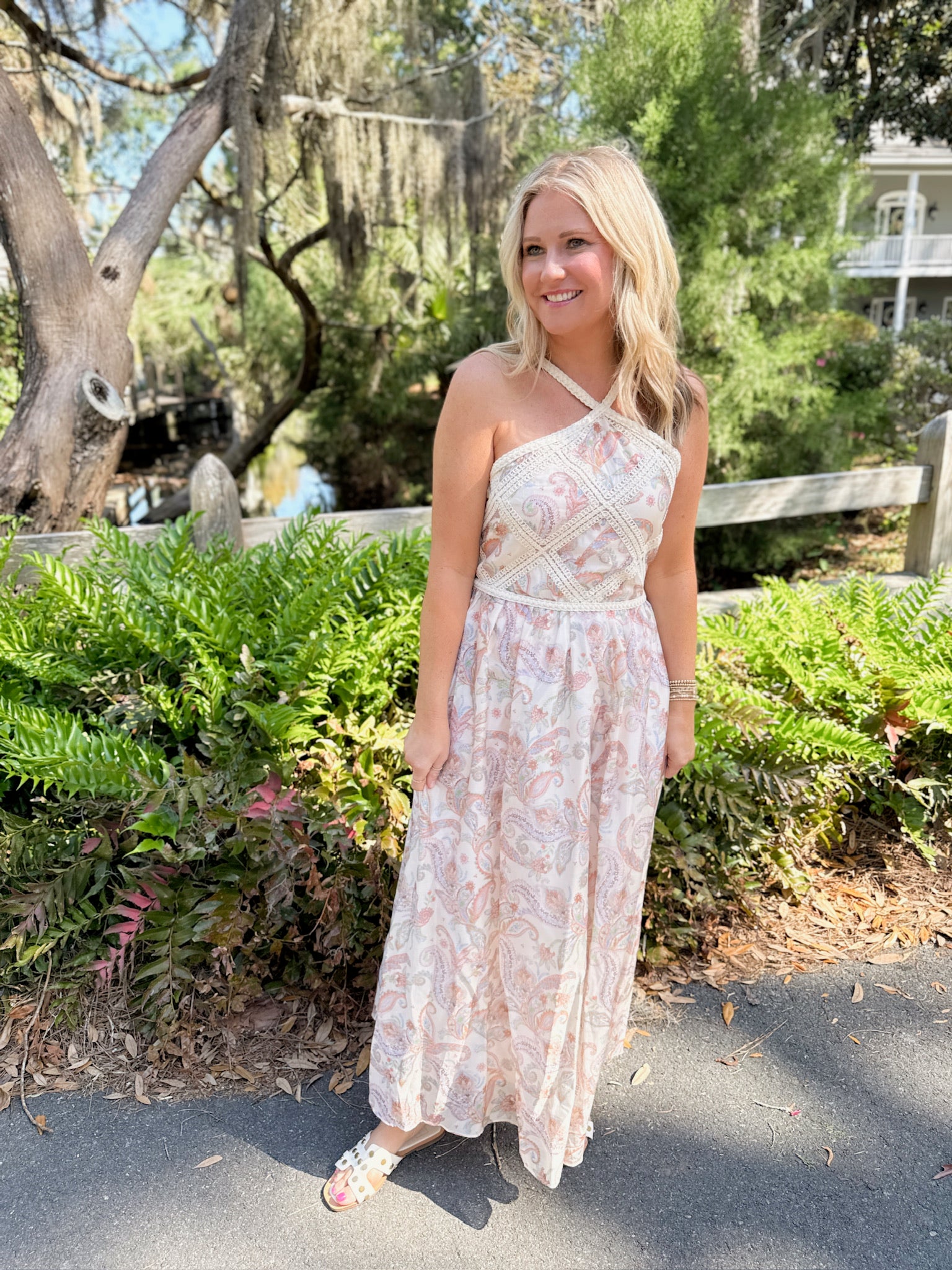 Boho Paisley Embroidered Halter Neck Midi Dress