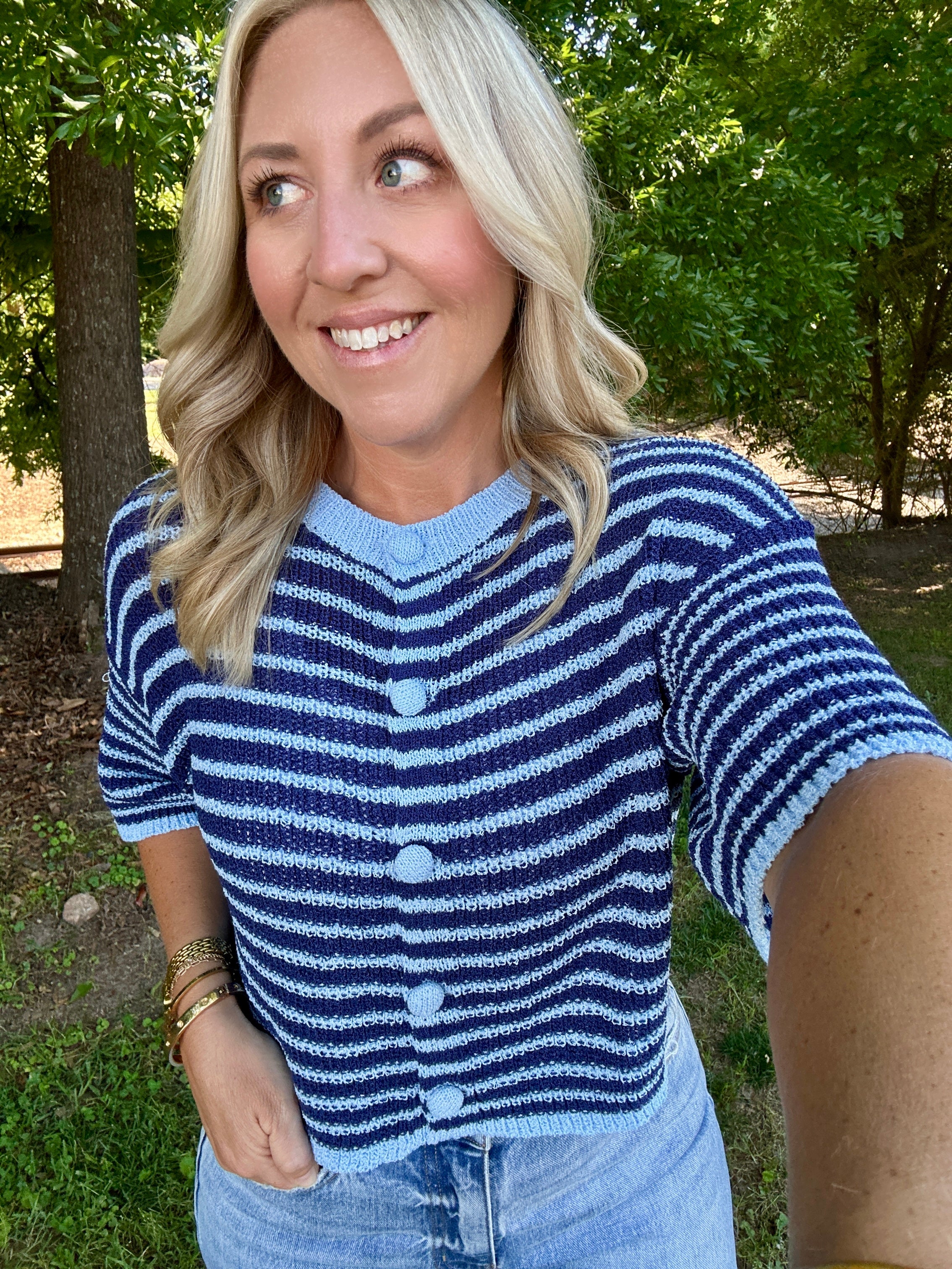 Listen To Every Word Striped Button Down lightweight Knit Top