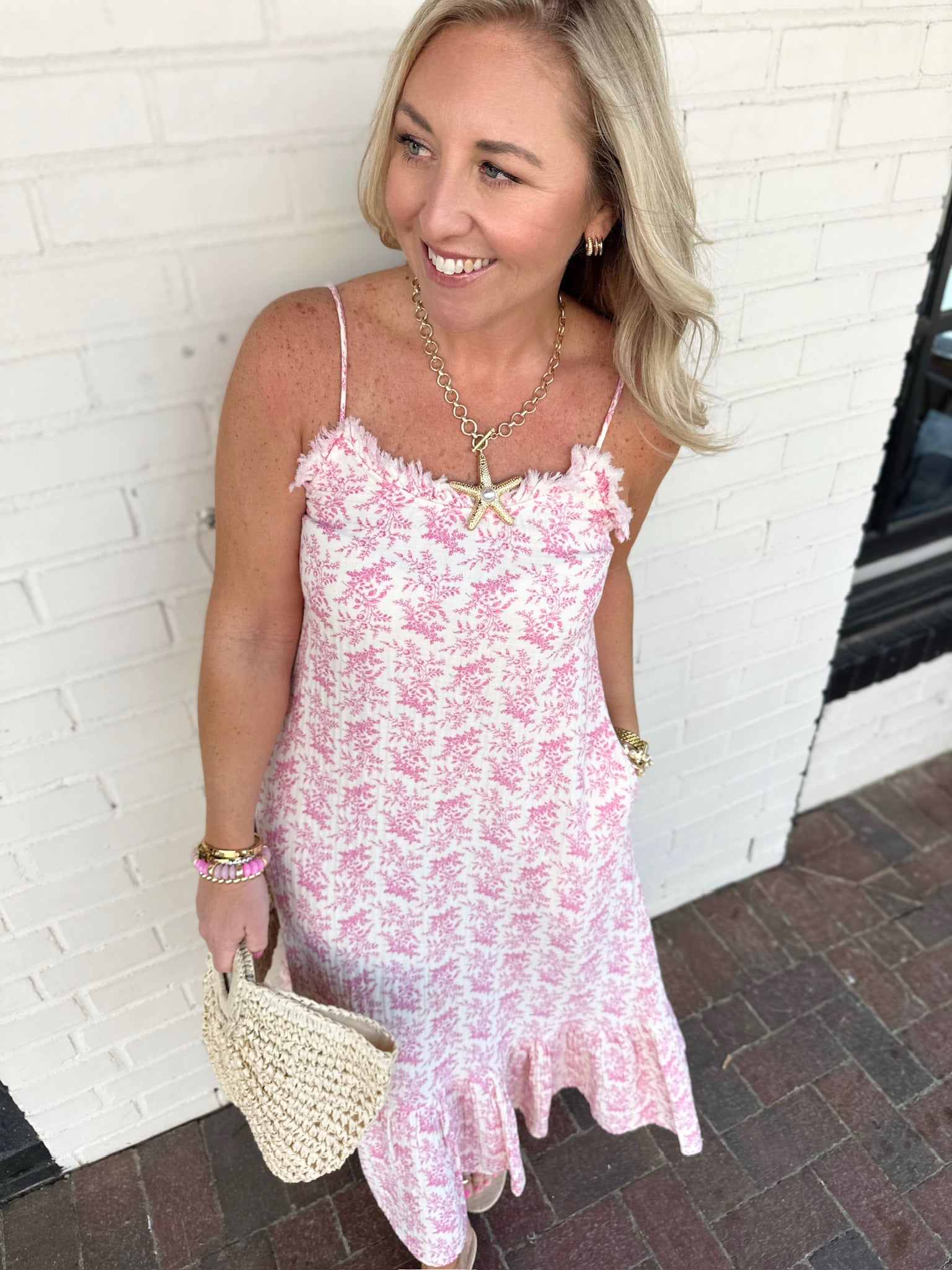 pink midi dress summer Summer is Calling Toile Print Midi Dress
