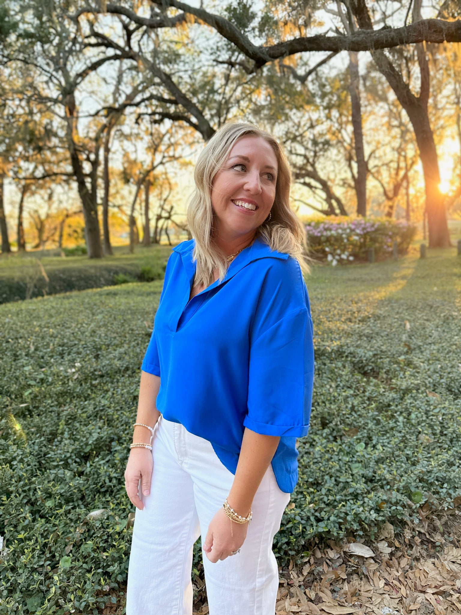The Charm Vneck Collar Blouse in Royal Blue