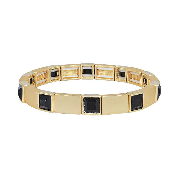 Gold Ribbed Bracelet with Black Square Accent Bracelet