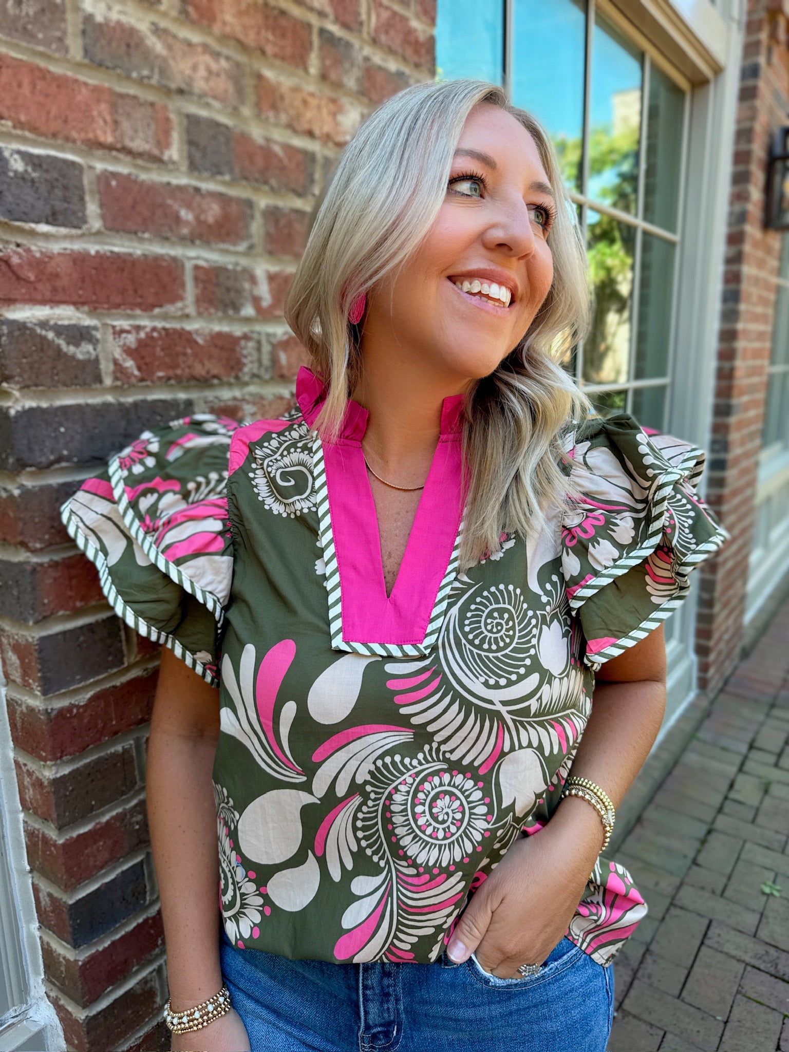 Olive & June Burst Pattern Flutter Sleeve Top