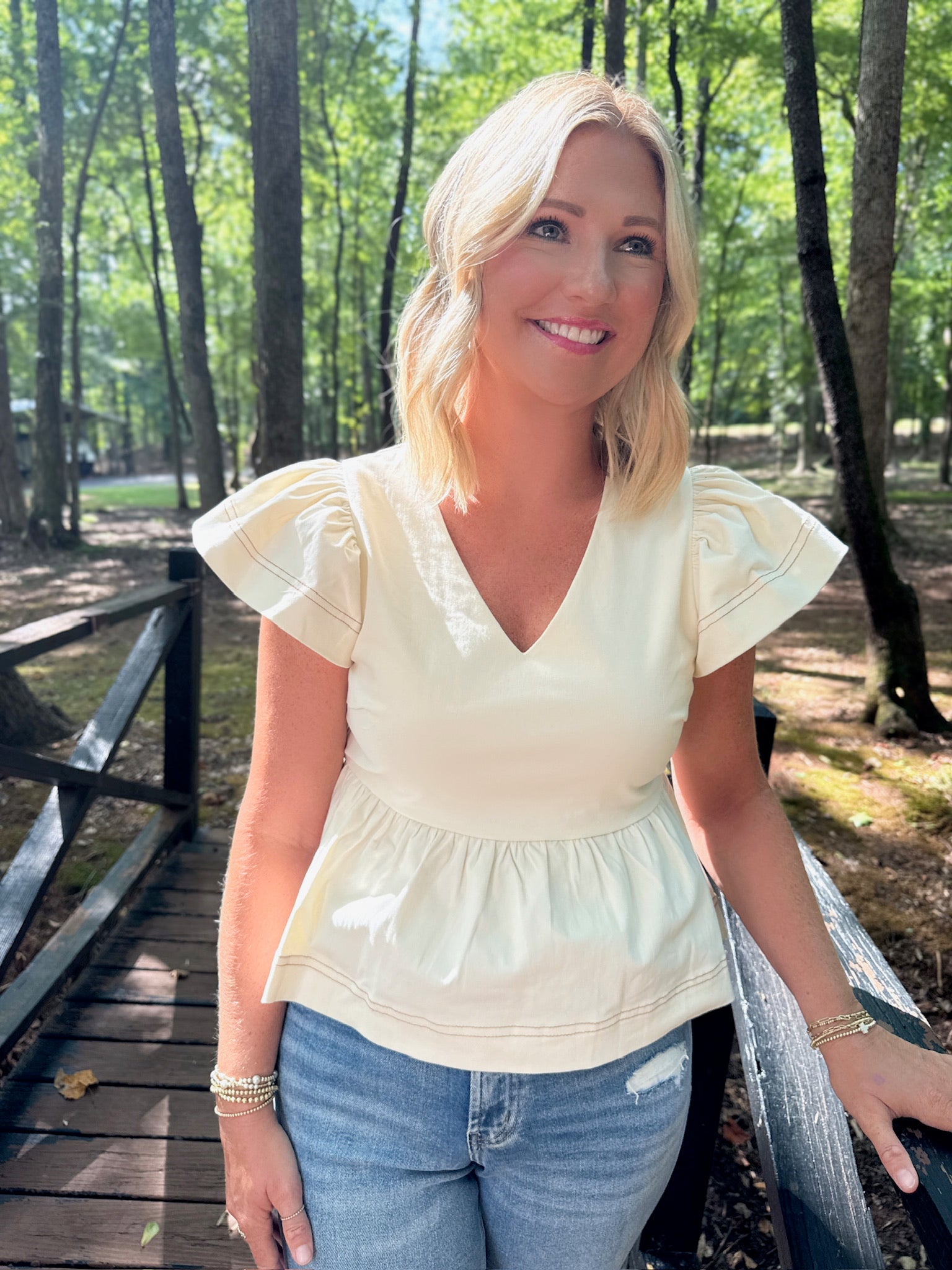 Roll With The Wind Denim Off White Flutter Sleeve Top