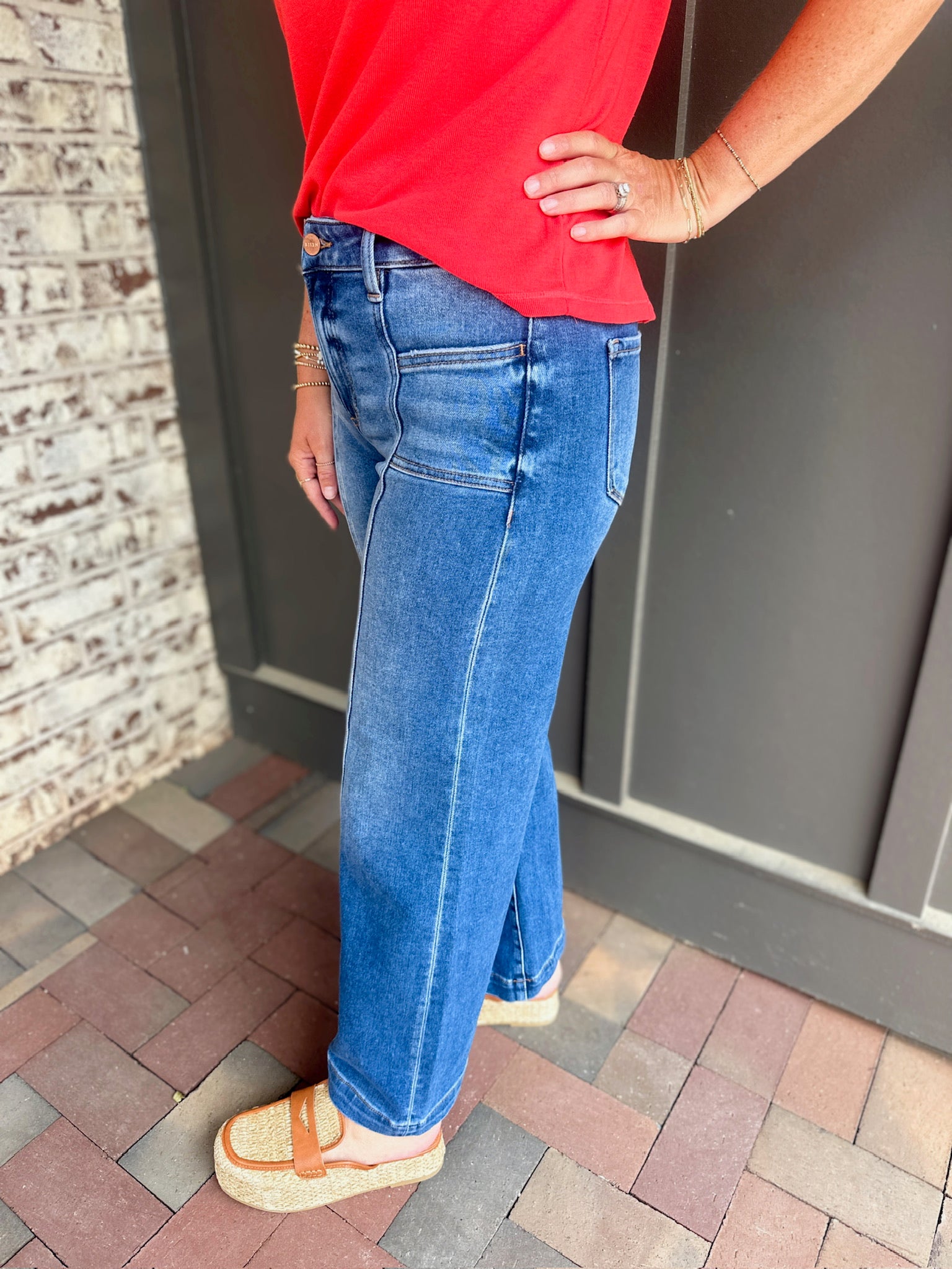 Miles Mid Rise Dark Wash Crop Wide w/Front Pocket Jeans