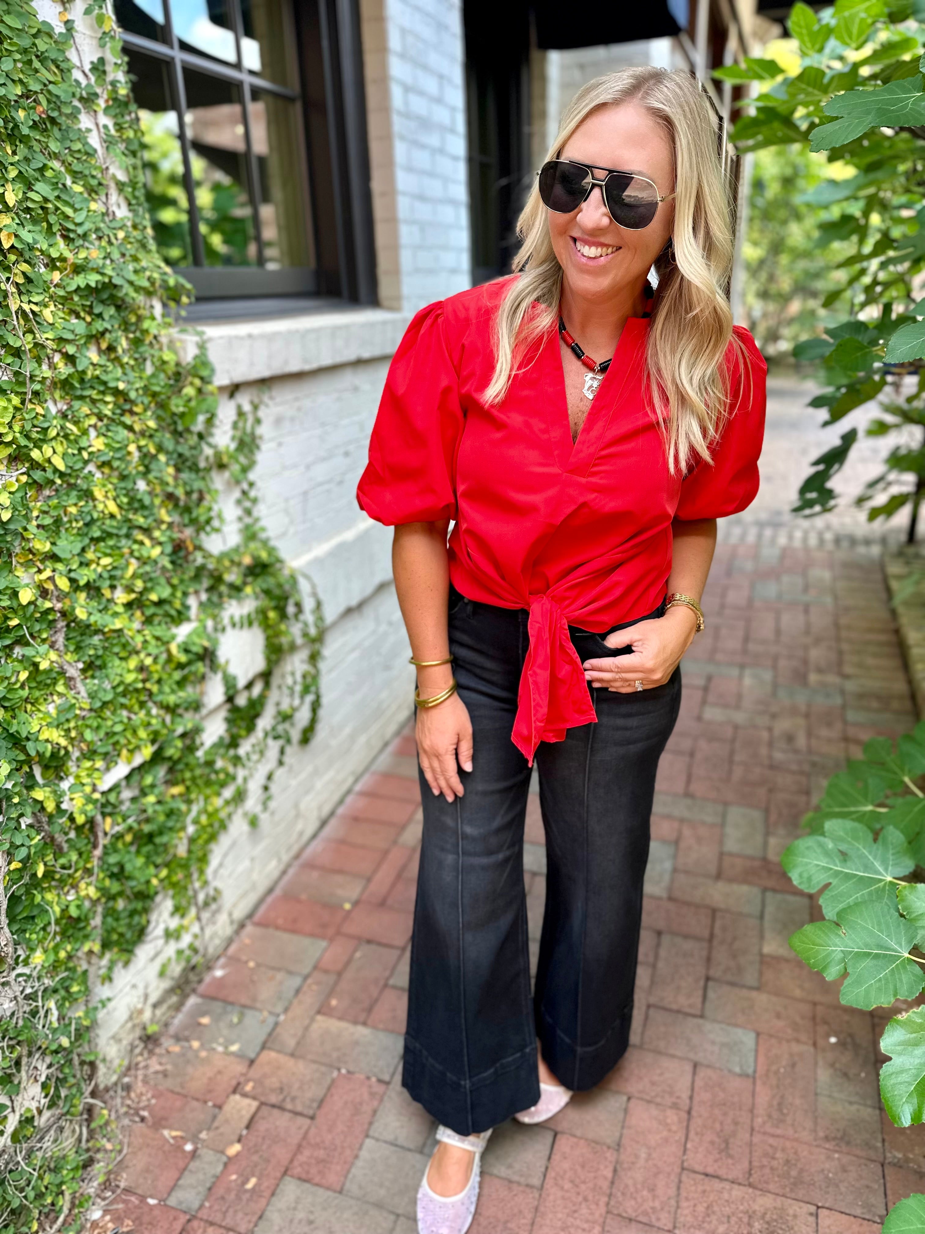 Game On Front Tie Blouse with Puff Sleeves