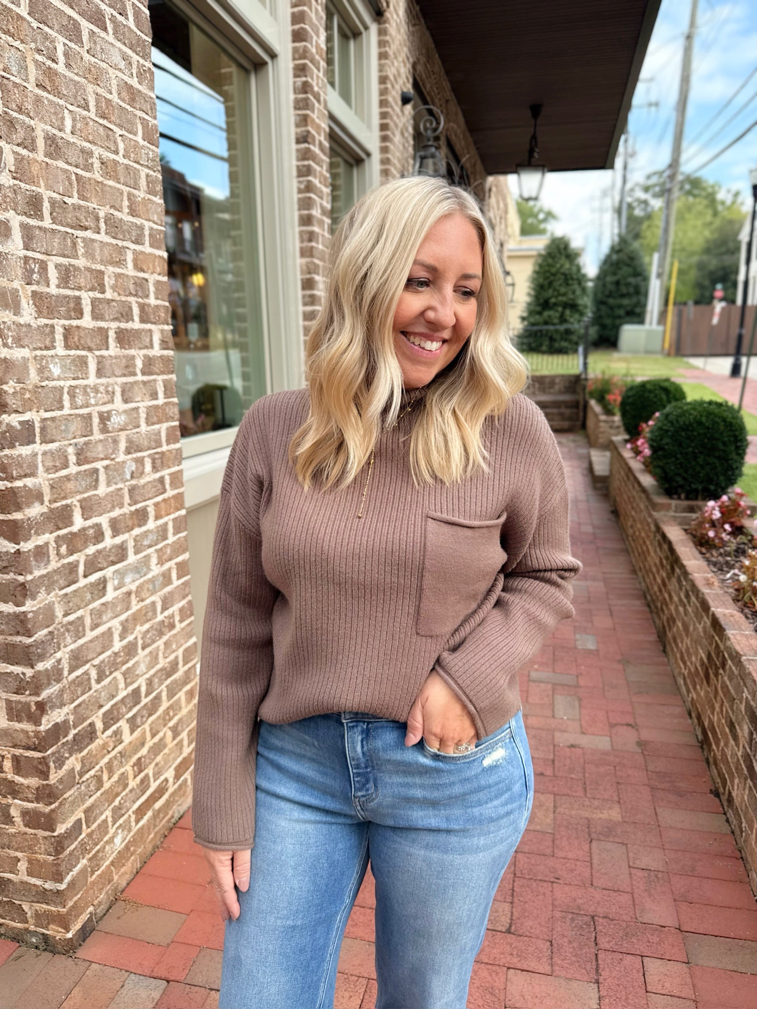 Hard Truth Mock Neck Pocket Detail Long Sleeve Sweater Top in Mocha