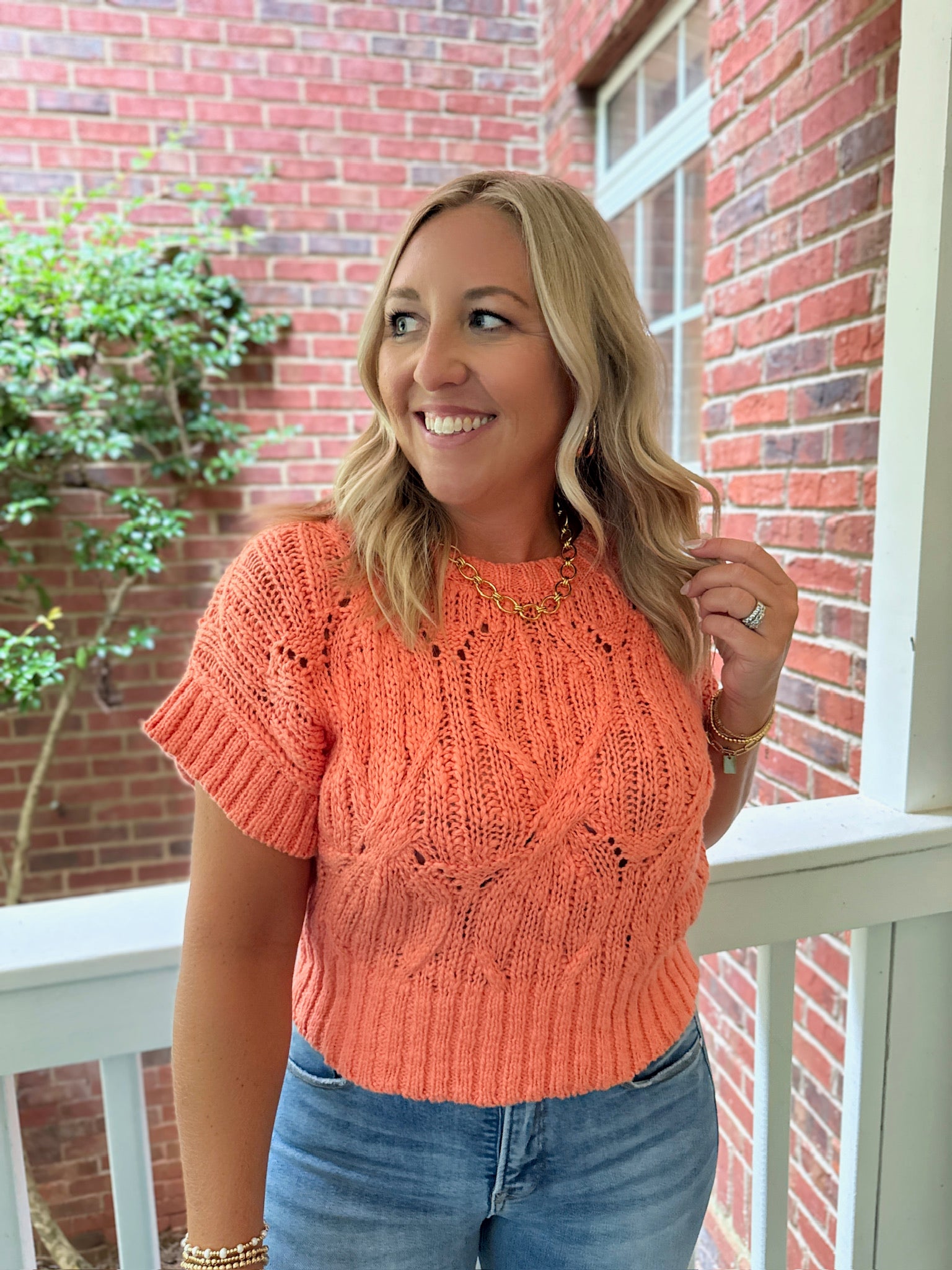 The Perfect Cable Knit Short Sleeve Top in Smoke Salmon