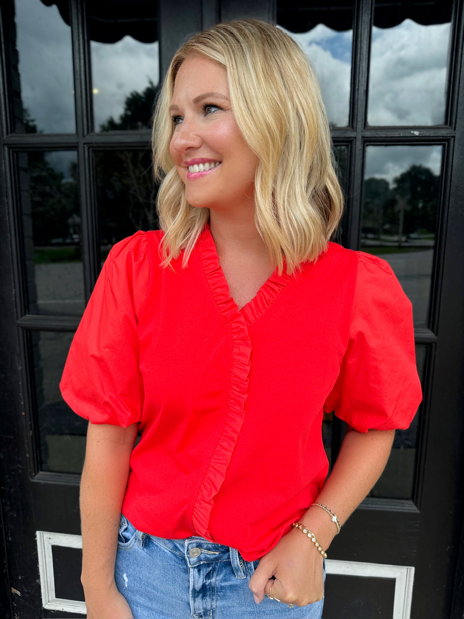 Let's Get Going Red Puff Sleeve Top