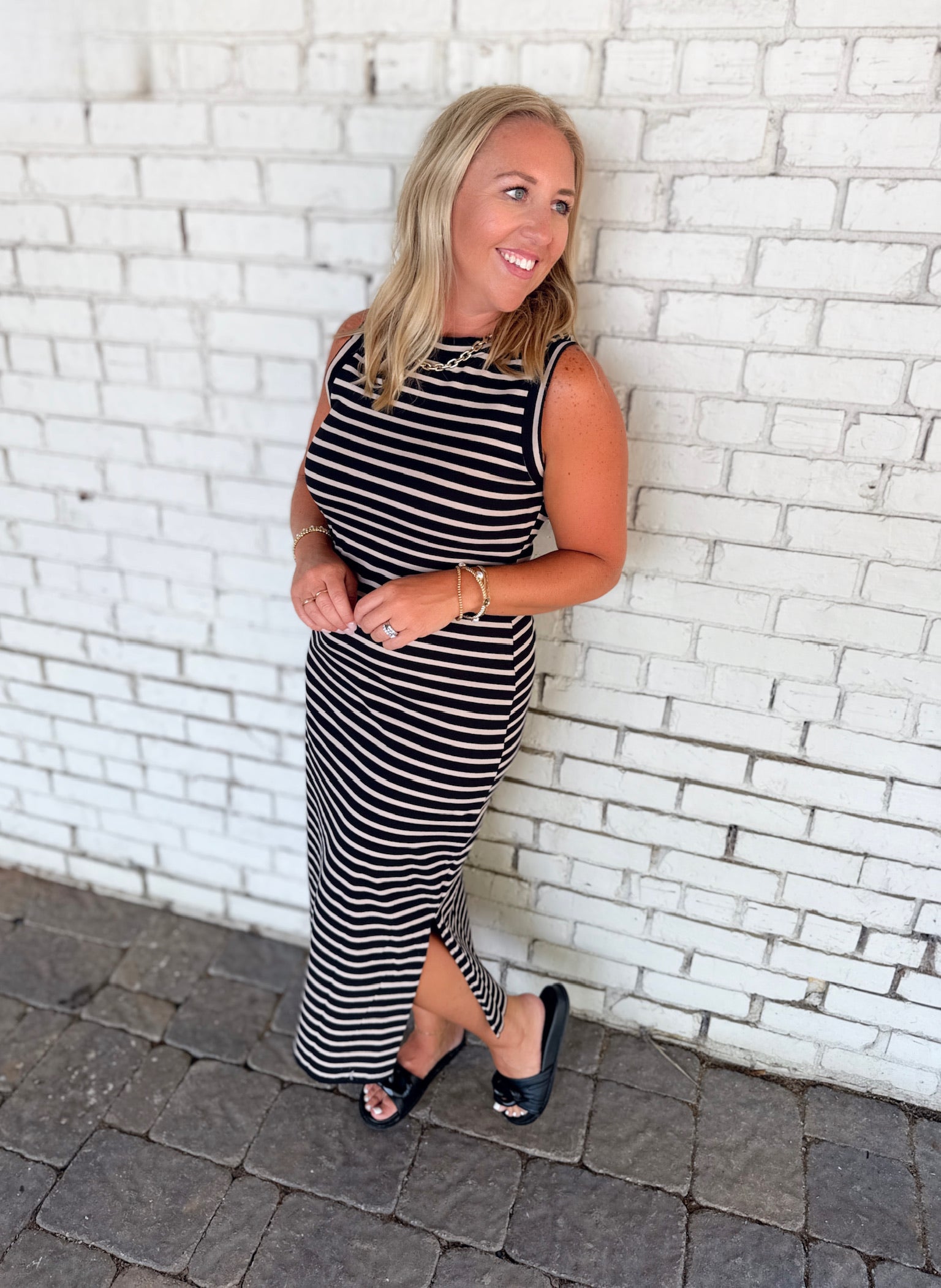 Make It Simple Striped Casual Midi Dress in Black/Taupe