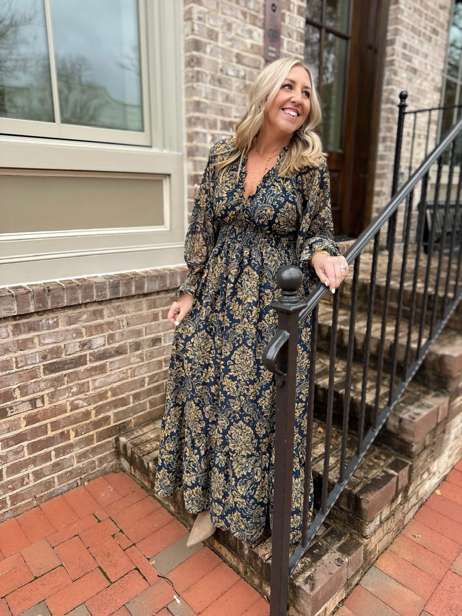 Desperately V Neck Ruffle Long Sleeve Maxi Dress