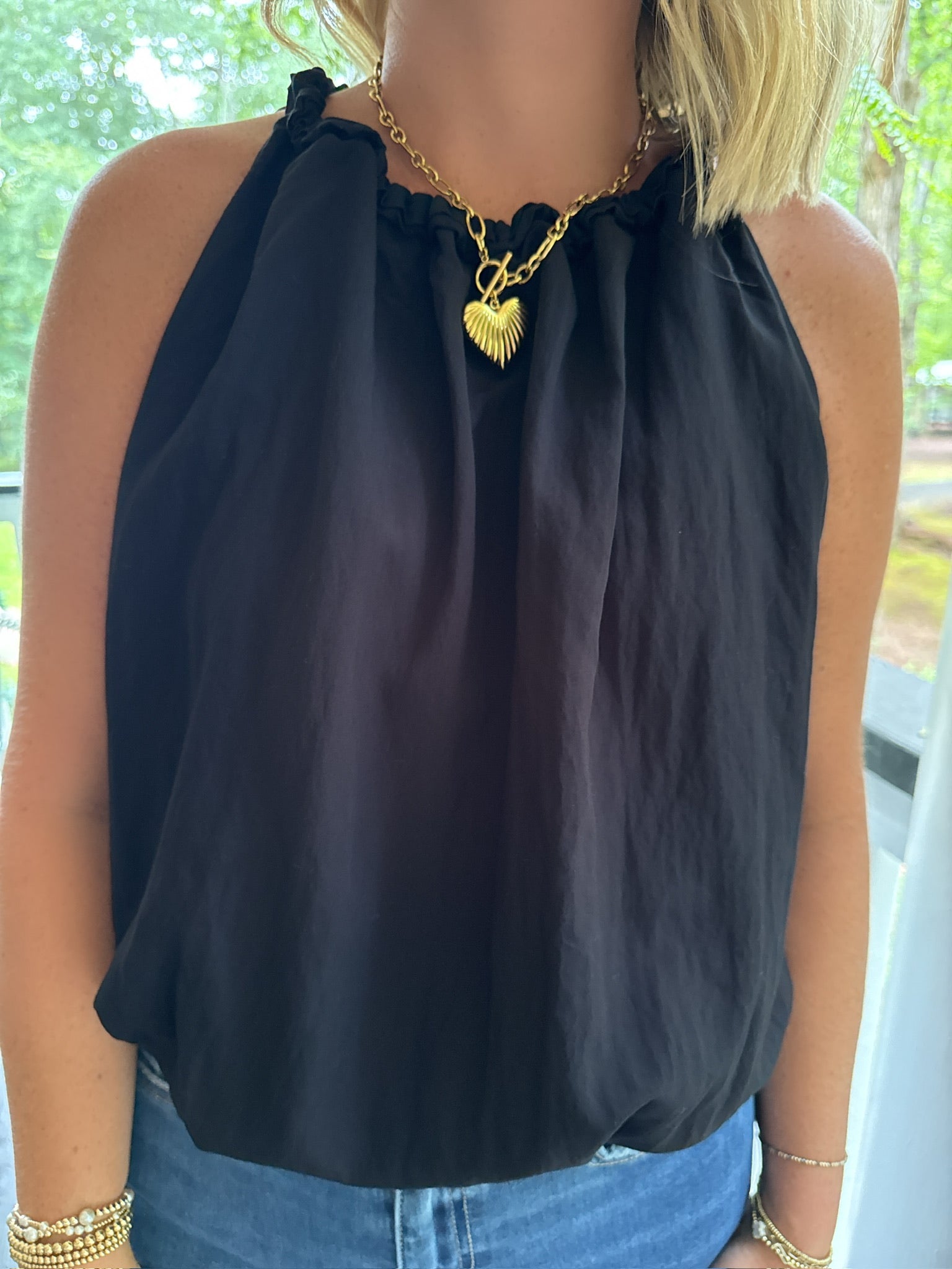 Summer Evening Bubble Waist Sleeveless Top in Black