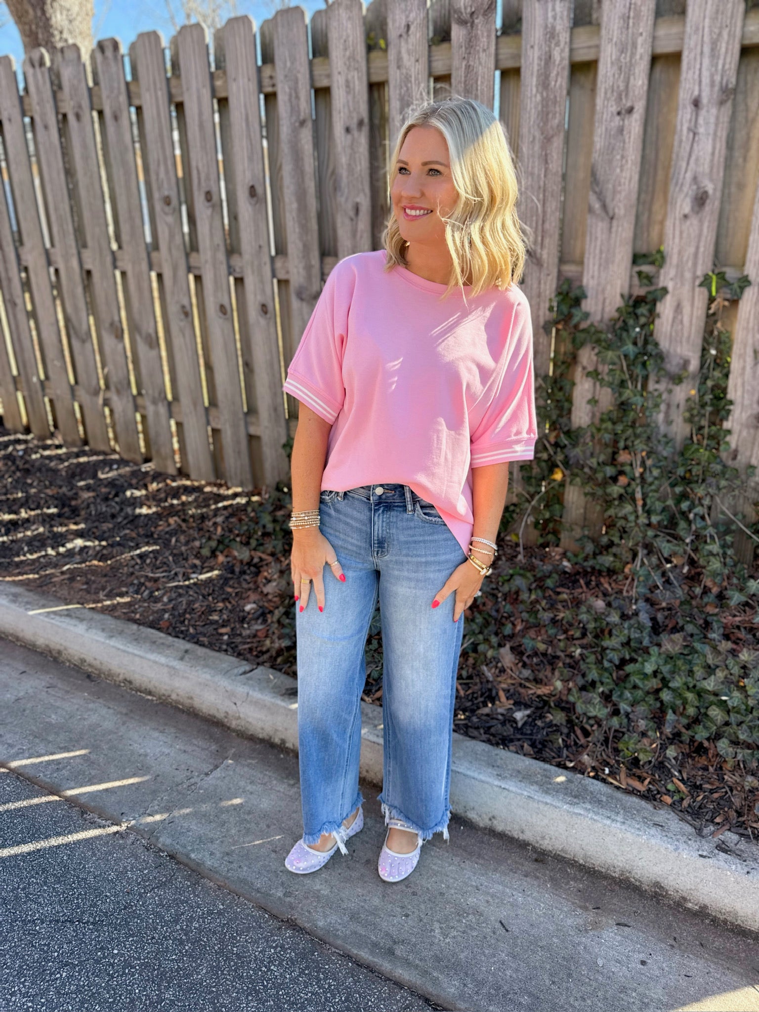 Keep The Fun Going Round Neck Trim Band Top In Pink