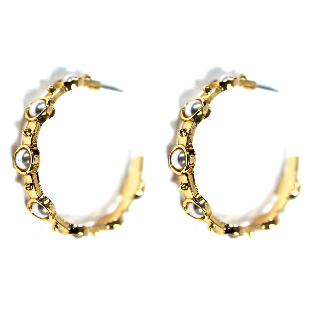 Hammered Gold 2" Hoop with Pearl Studded Stone Earring