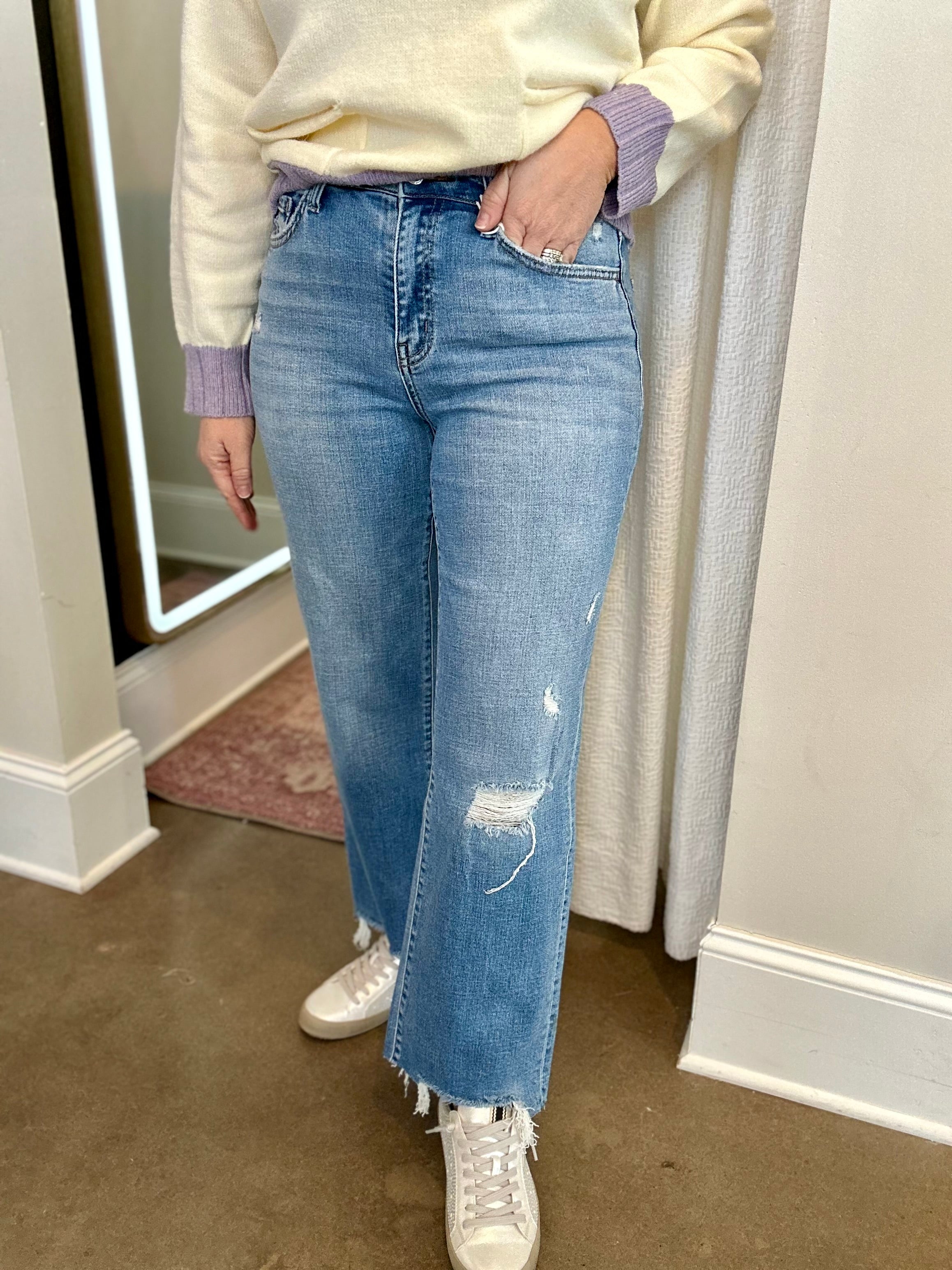 Blue Grove High Rise Distressed Slim Wide Crop Jeans