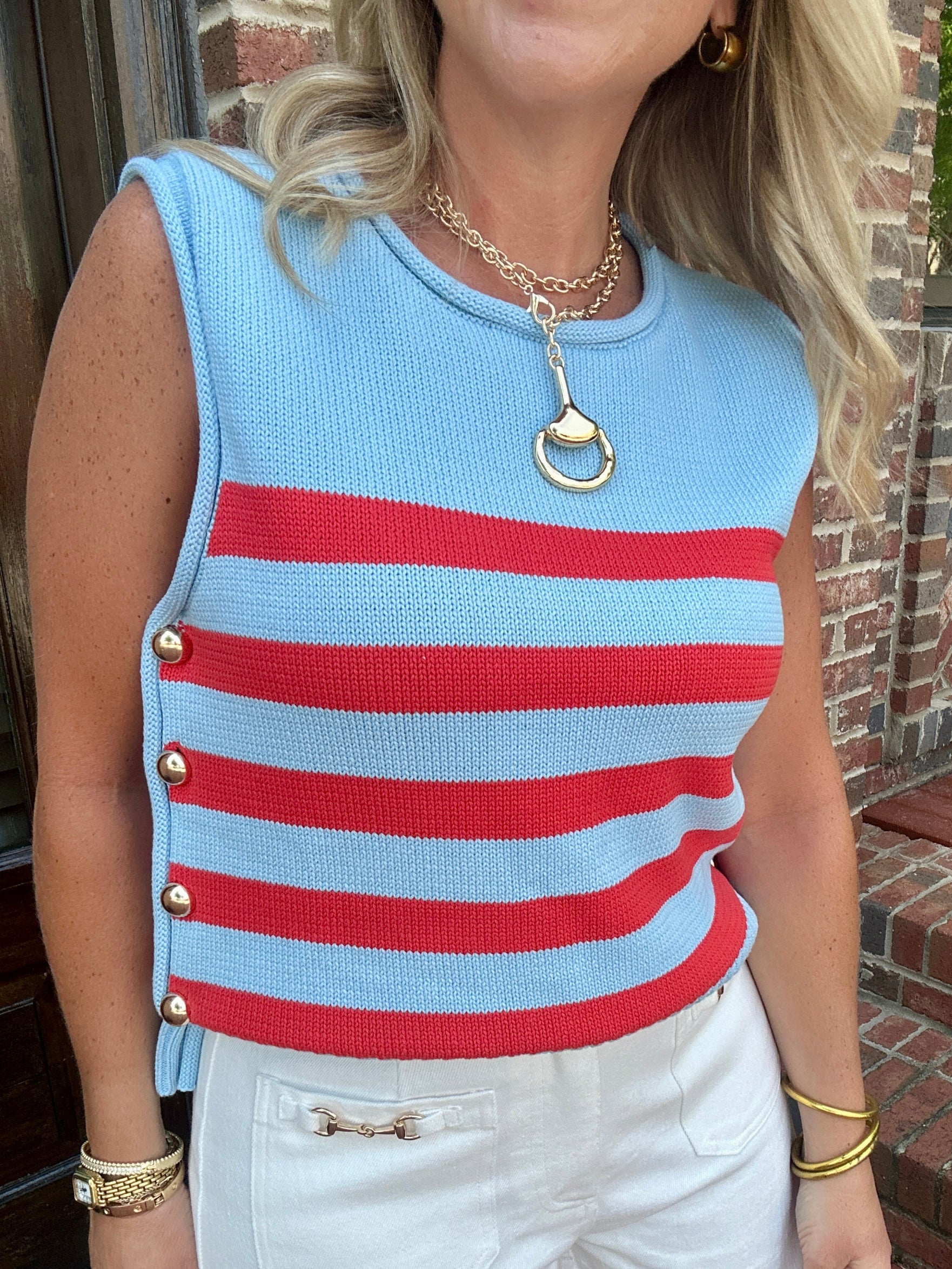 Love For Summer Striped Gold Button Detail Knit Sleeveless Top