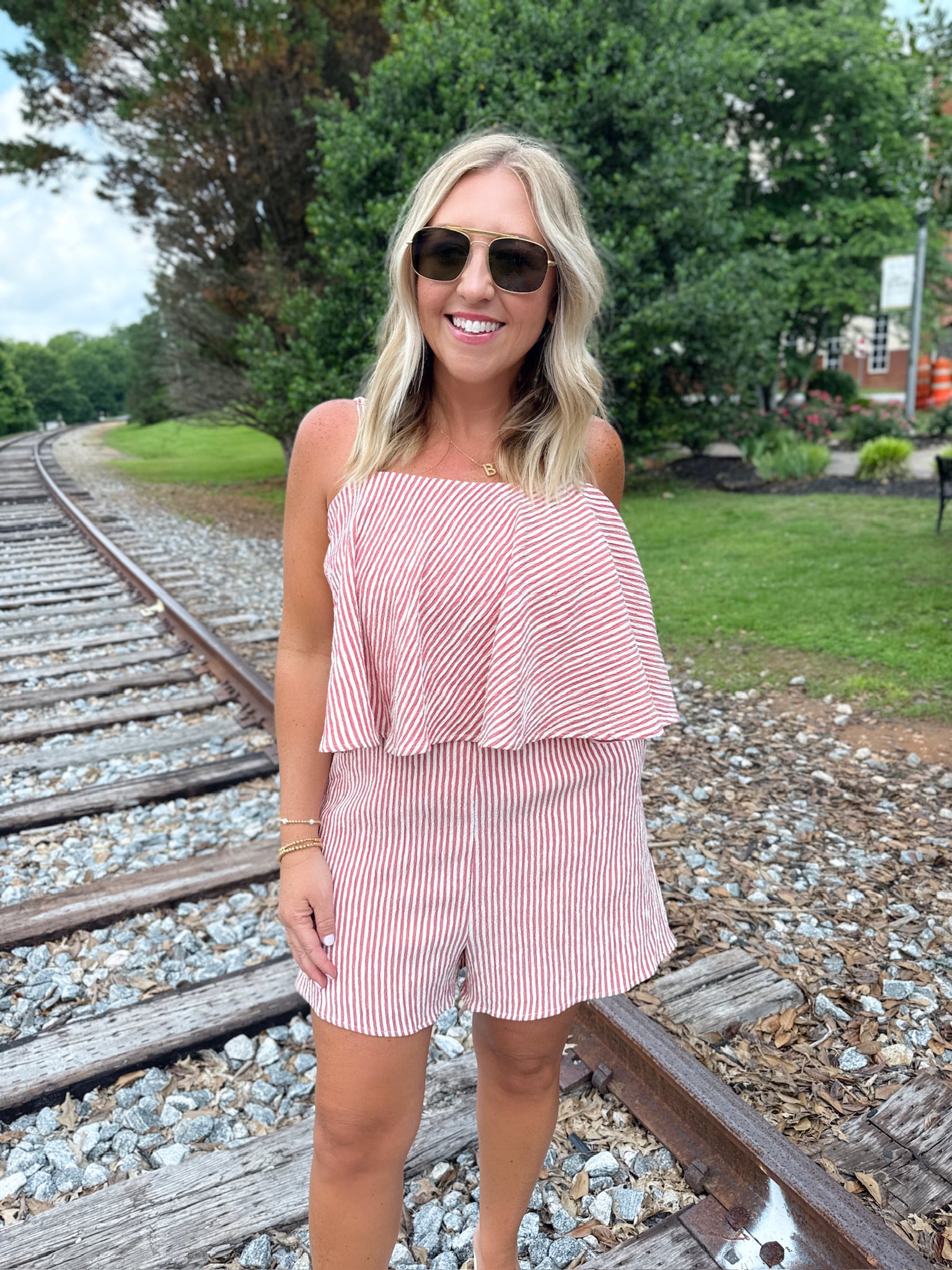 Obsessed With Me Striped Spaghetti Strap Romper in Red