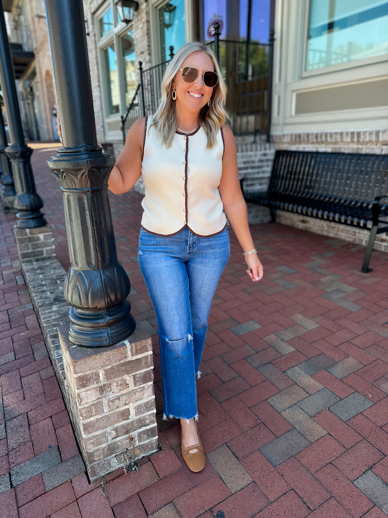 Sunday Morning Crew Neck Sleeveless Knit Button Vest