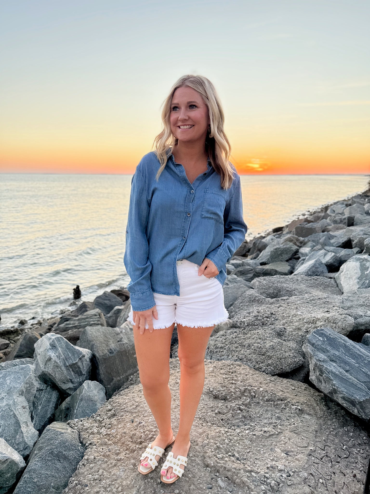 Beachin' It Mineral Wash Button Down Denim Light Weight Top