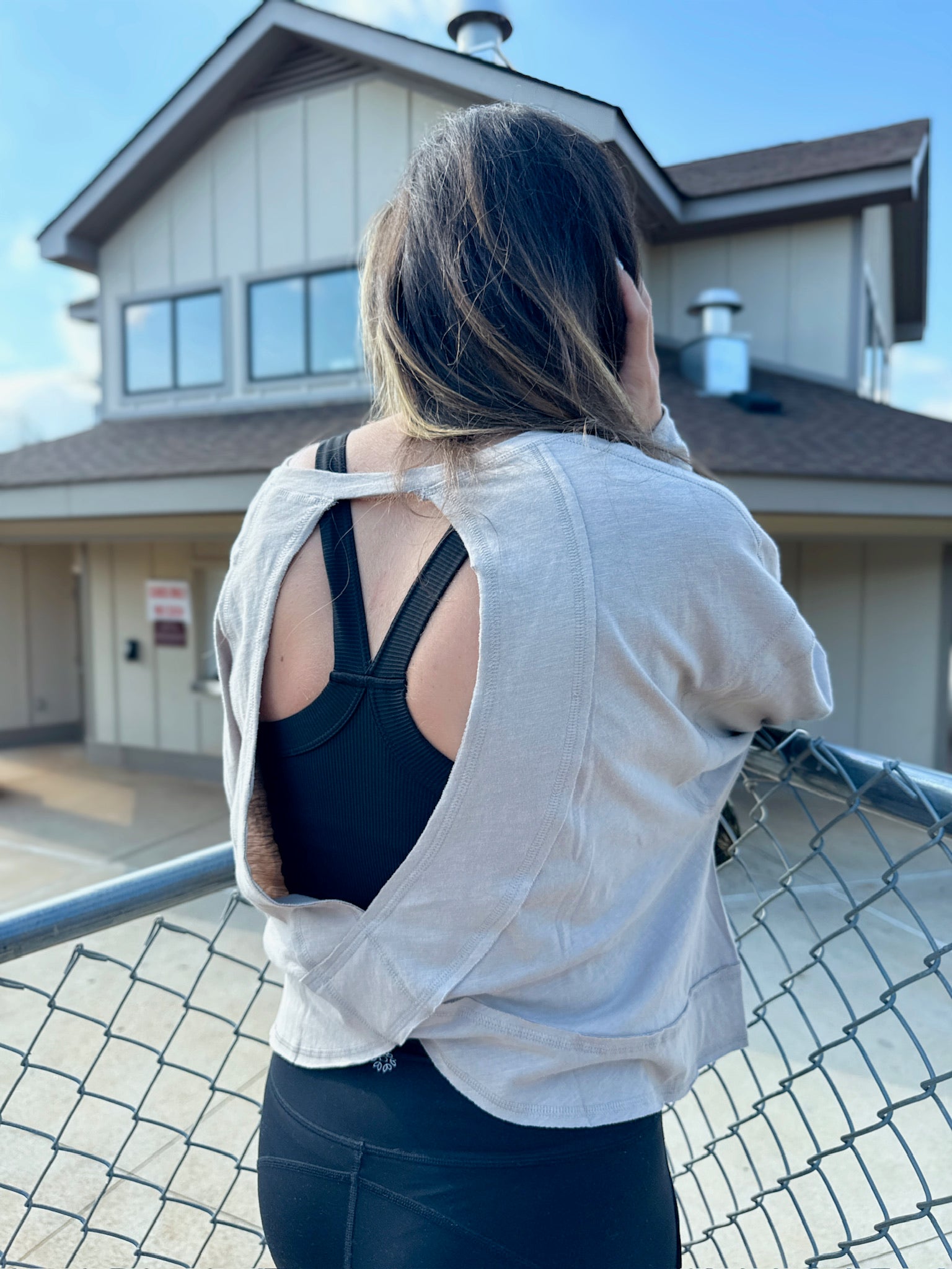 I'm Getting Through It Cotton Open Back Long Sleeve Top in Taupe