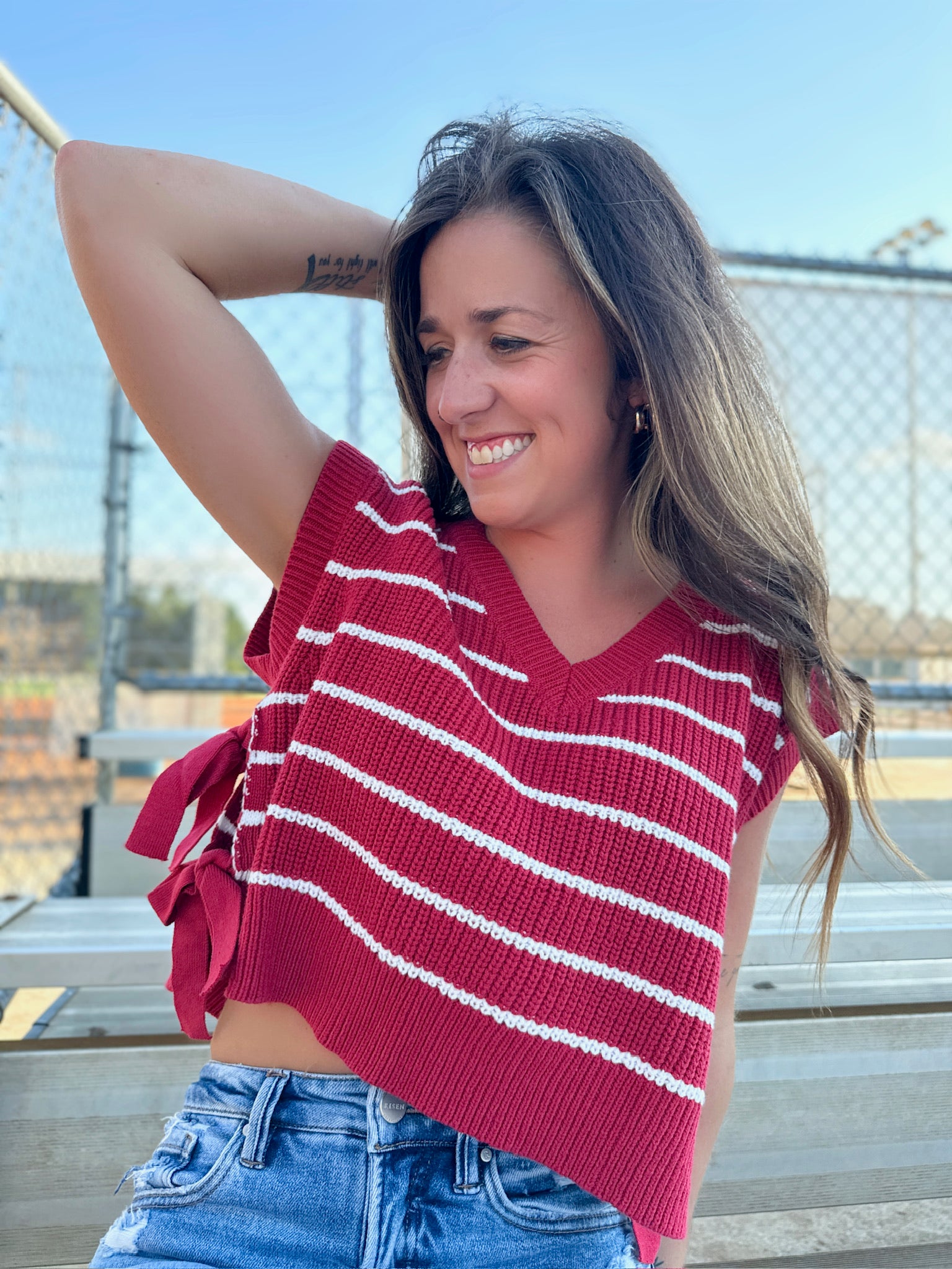 We Ready Striped V Neck Double Side Tie Sweater Tank Top