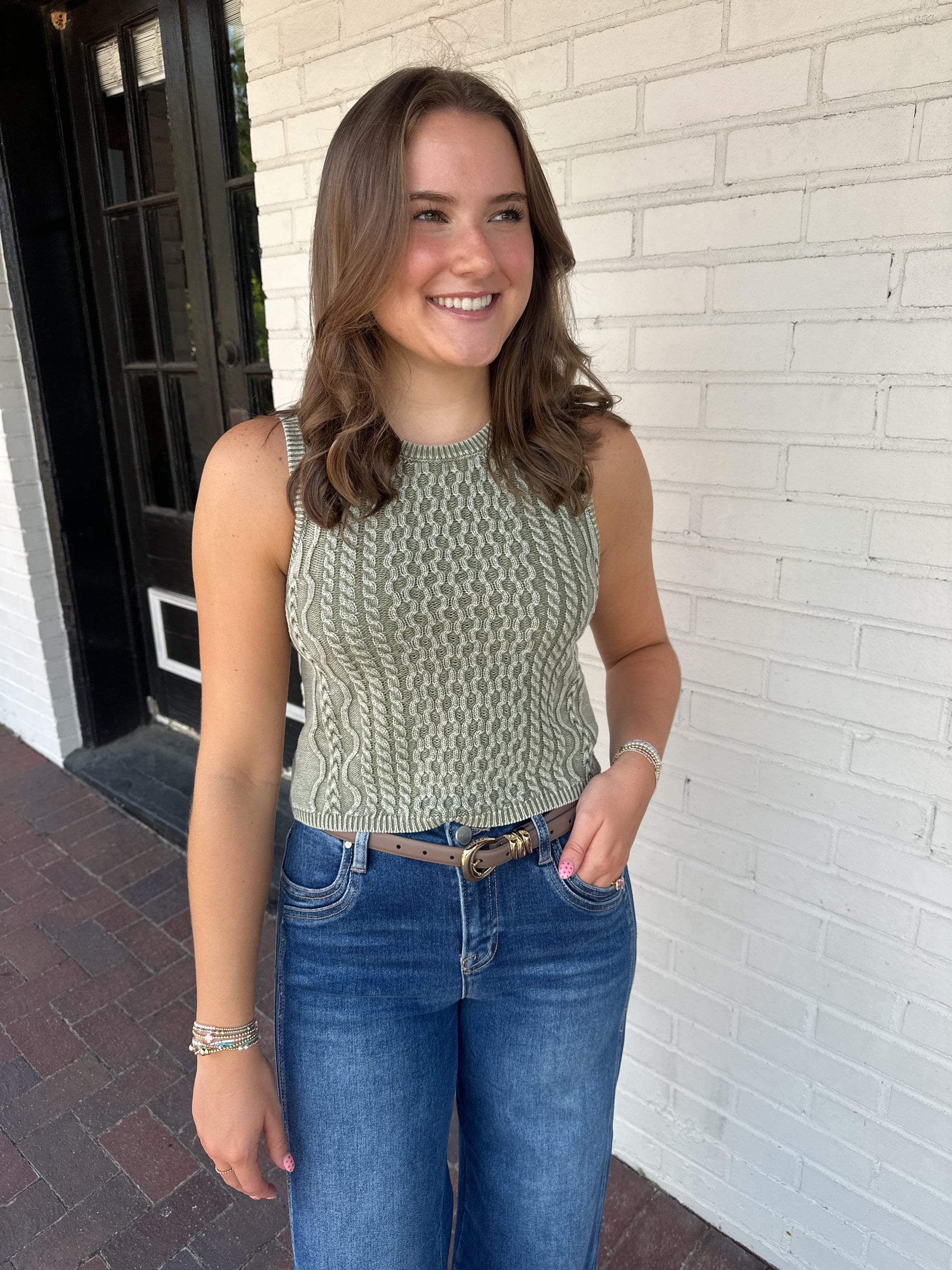Day to Day Cable Knit Tank Top in Sage