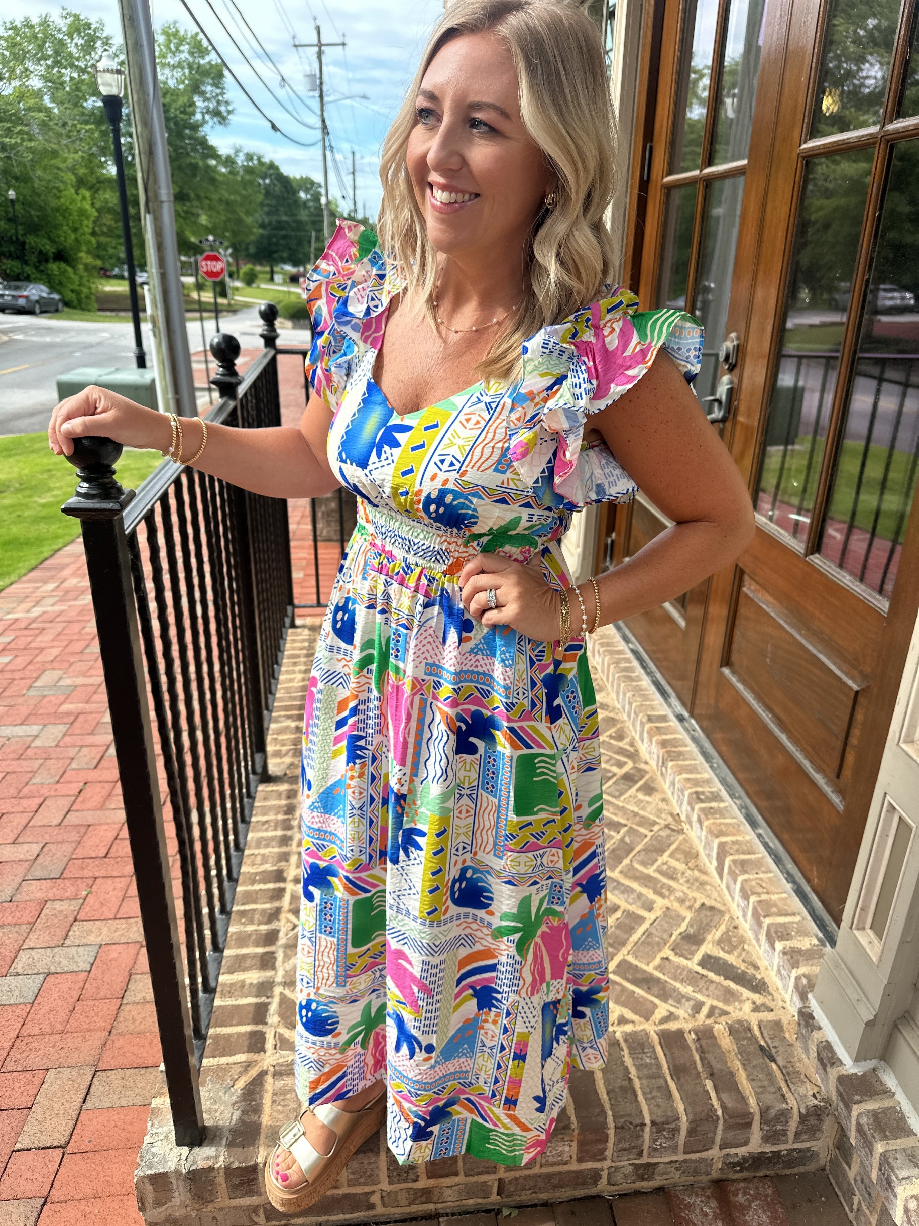 Summer Days Ahead Retro Print Cinched Waist Midi Dress