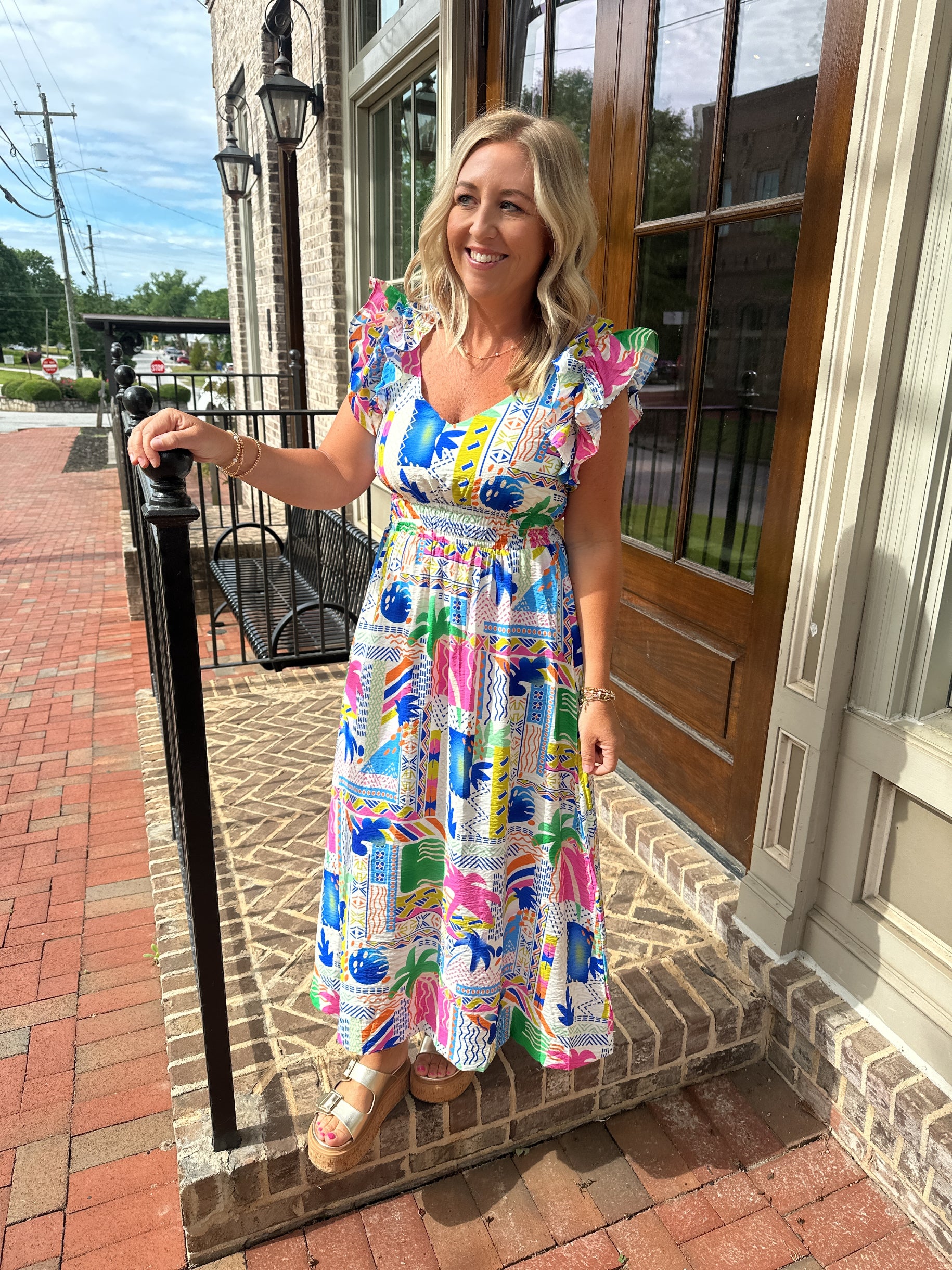 Summer Days Ahead Retro Print Cinched Waist Midi Dress