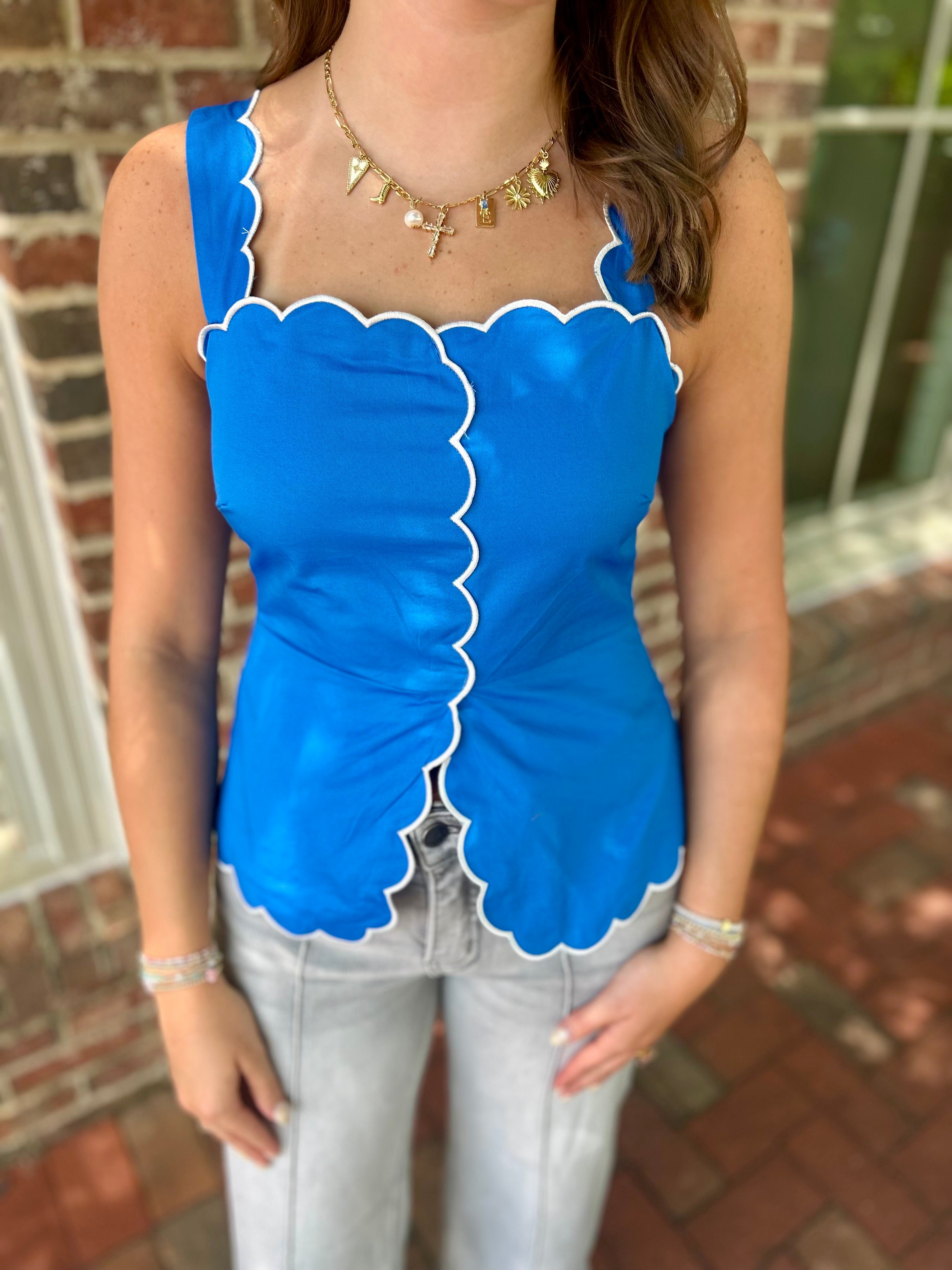 Please Remember Scallop Trim Square Neckline Sleeveless Top
