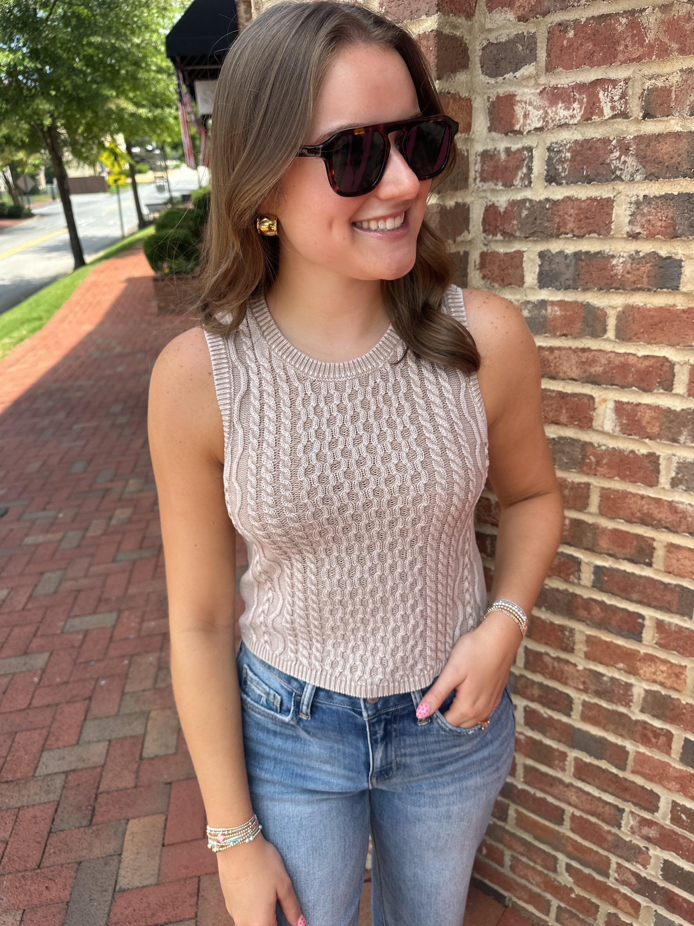 Day to Day Cable Knit Tank Top in Khaki