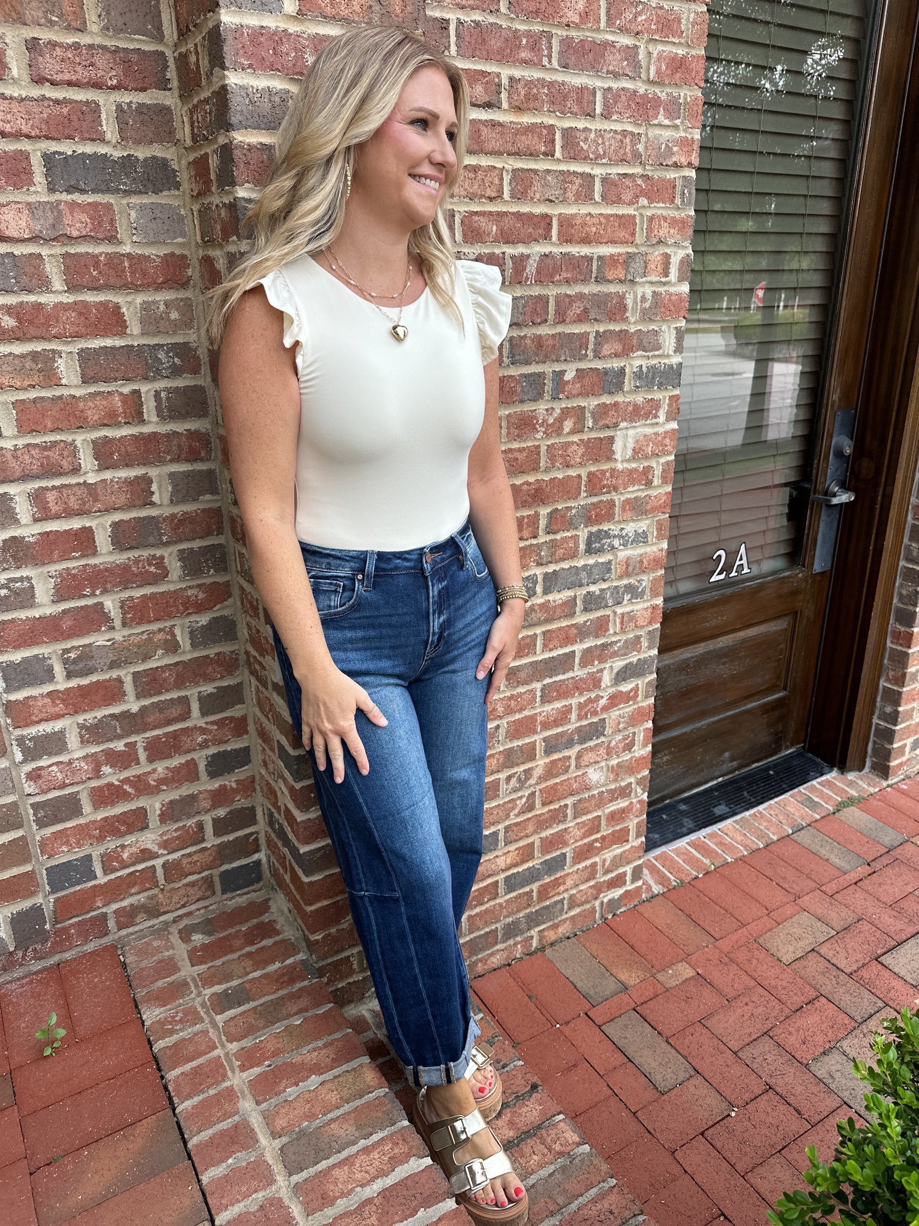 All Along High Rise Cuffed Barrel Jeans in Dark Wash