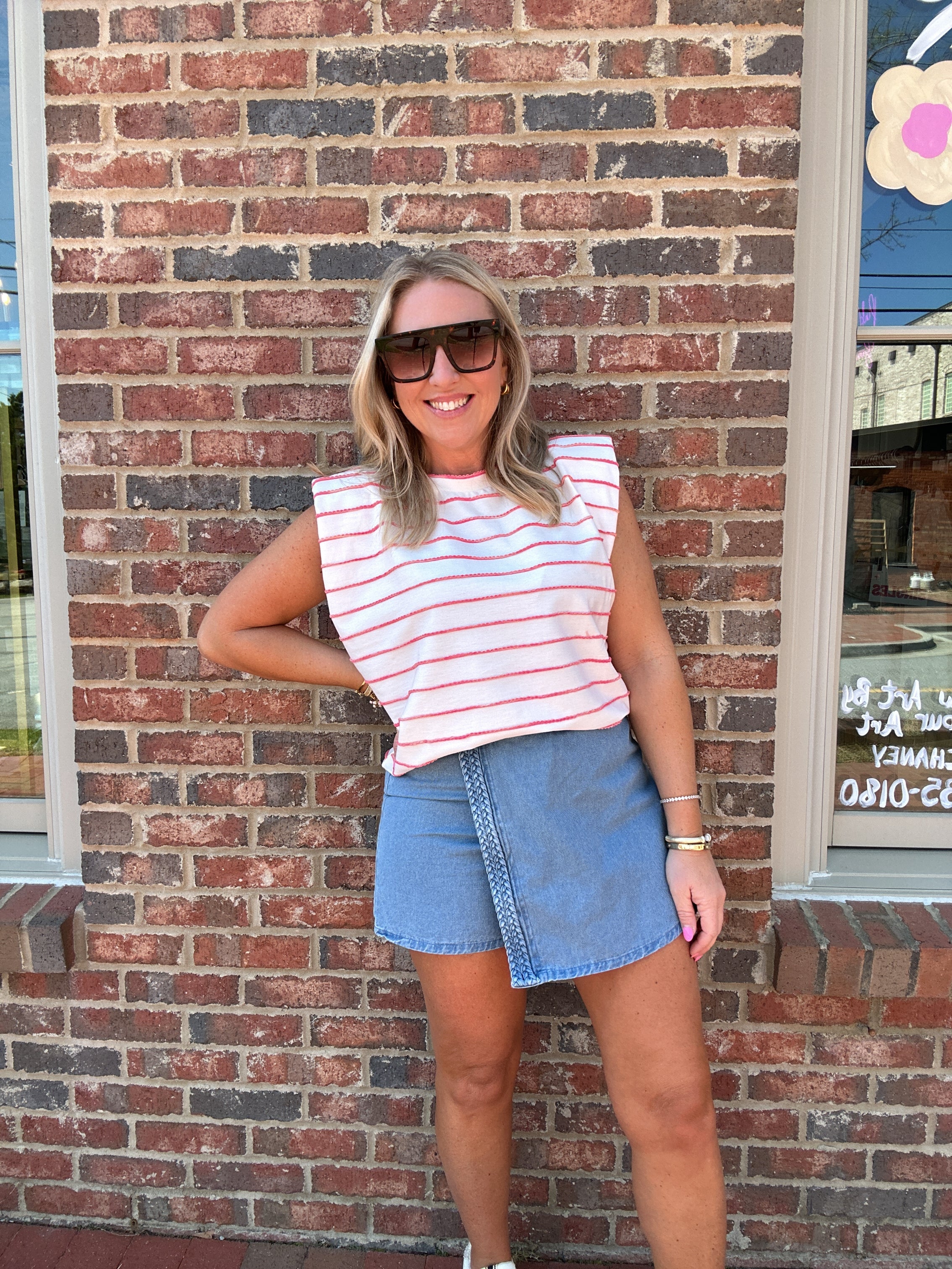 American Girl Summer Striped Padded Shoulder Sleeveless Top