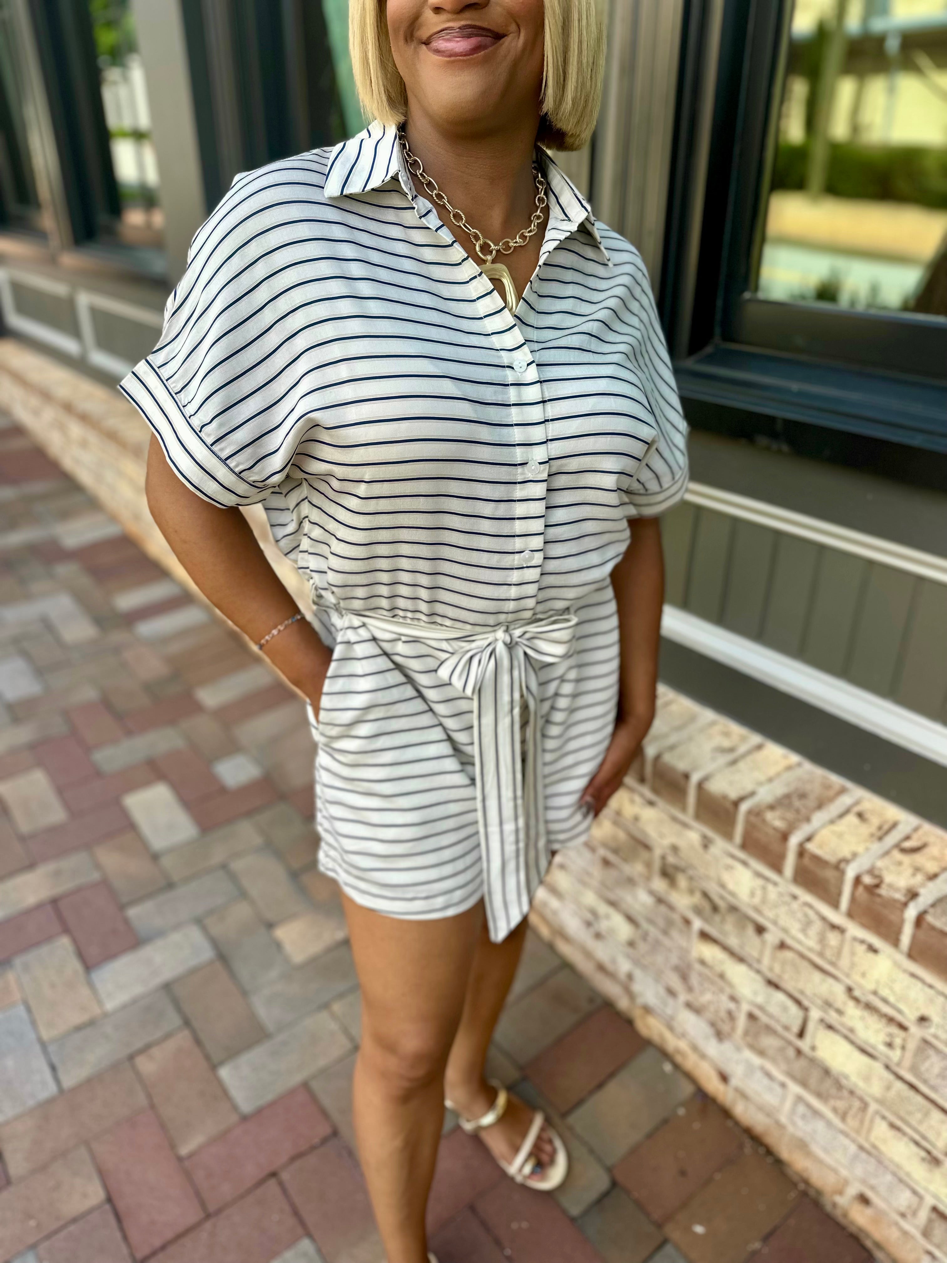 Best Dressed Navy Striped Button Down Romper