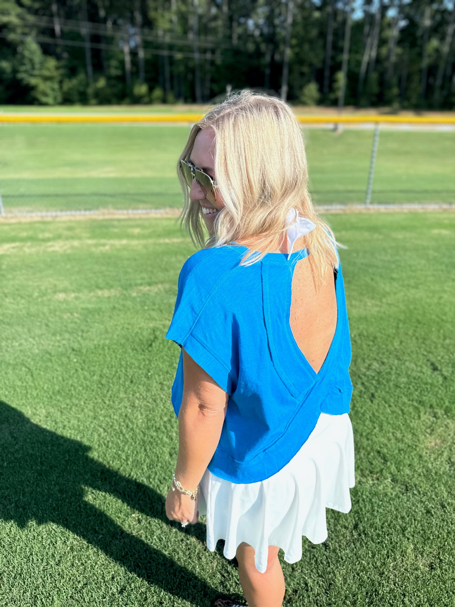 Effortless Cotton Open Back Short Sleeve Top in Blue