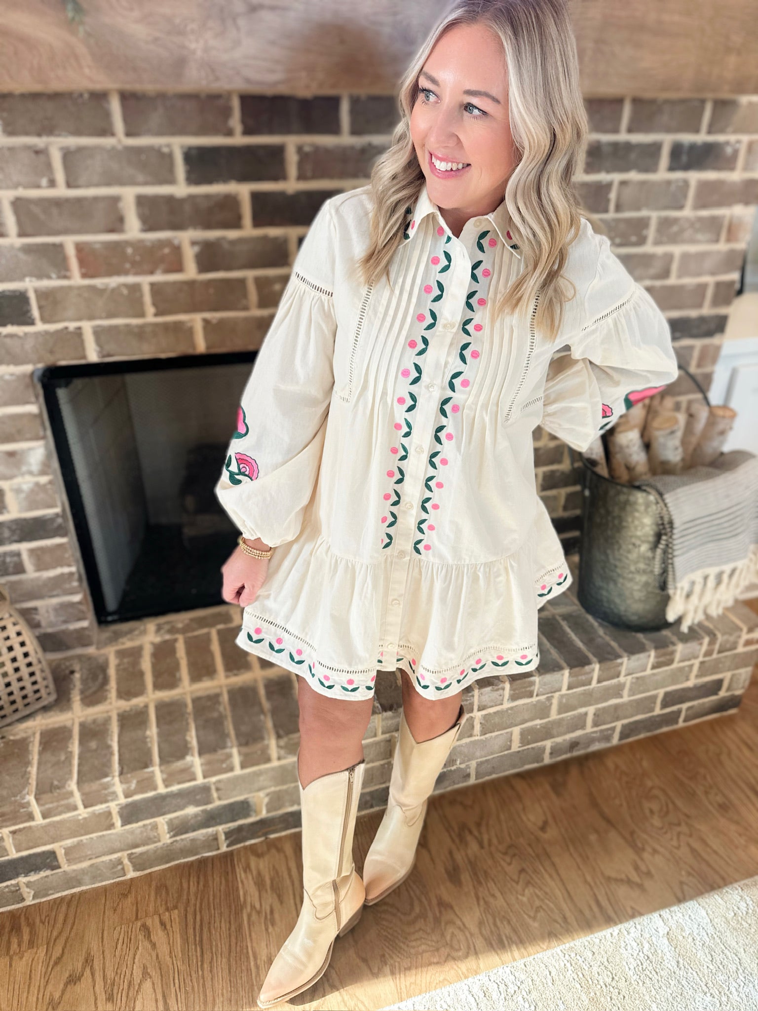 A Southern Brunch Embroidered Lined Shirt Mini Dress