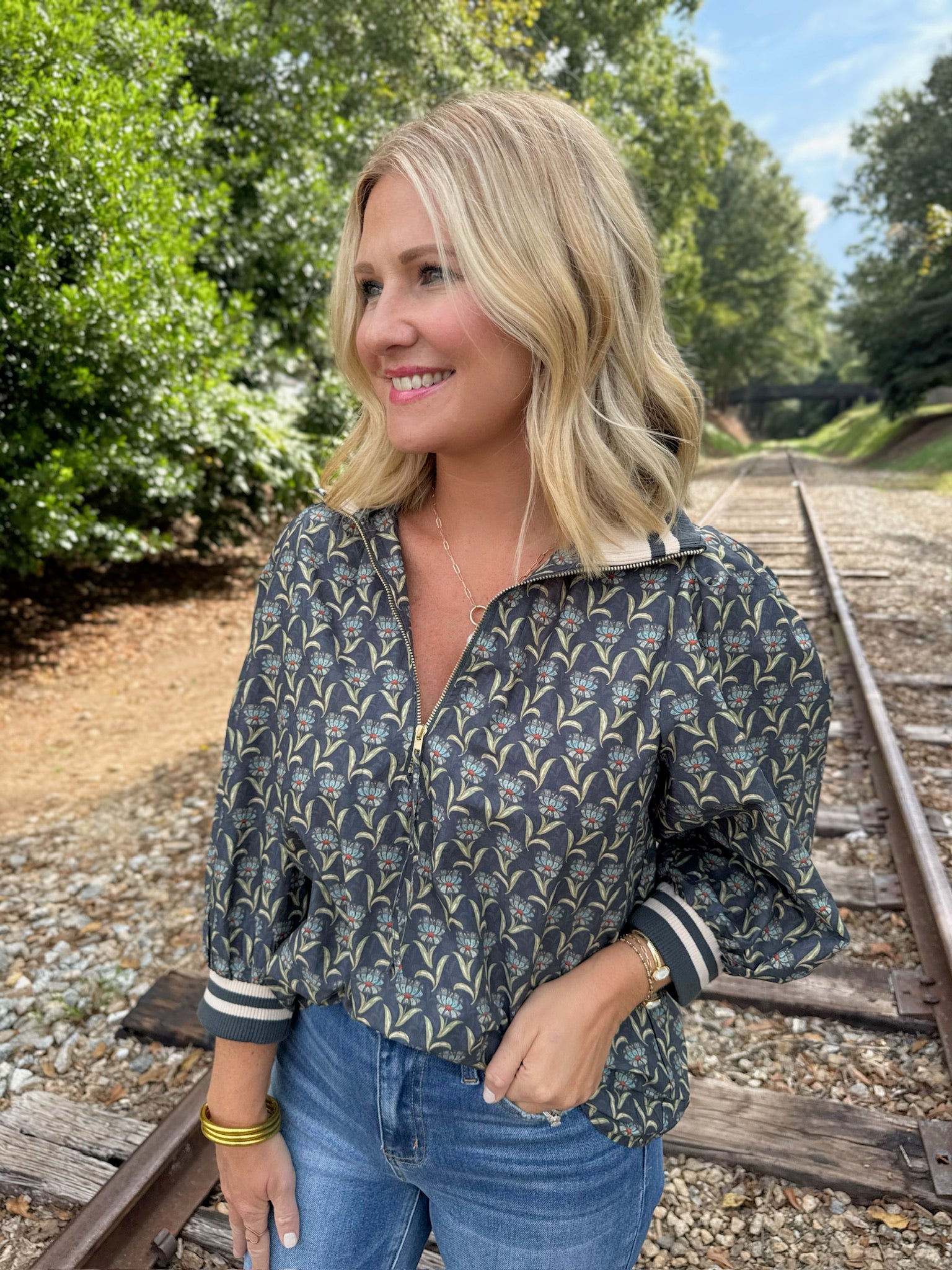 No Where I'd Rather Be Floral and Striped Zip Top