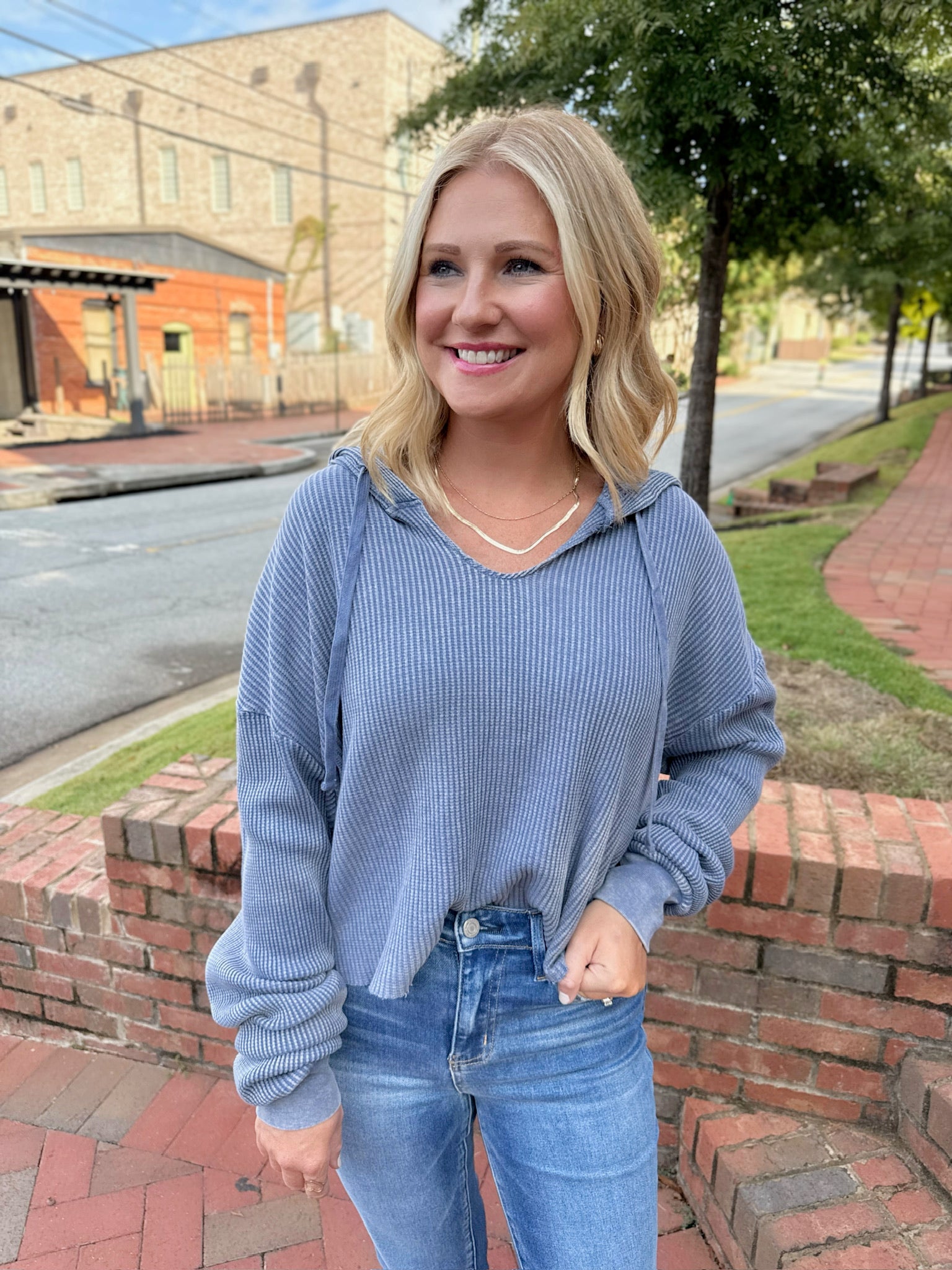 The Snuggle Waffle Knit Hoodie Light Weight Top in Dusty Indigo