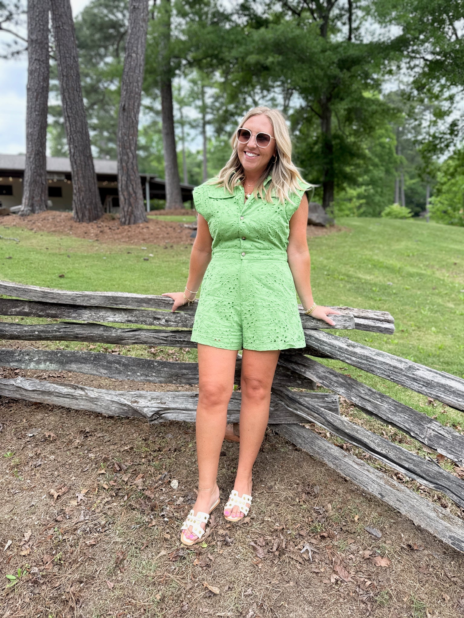 Rose Eyelet Button Down Short Sleeve Romper in Sage