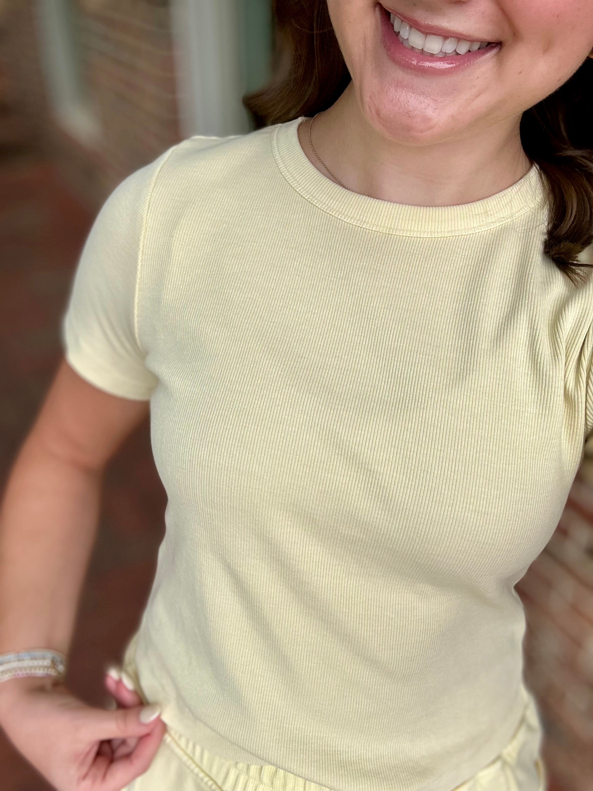 Lemon On My Mind Ribbed Short Sleeve Top