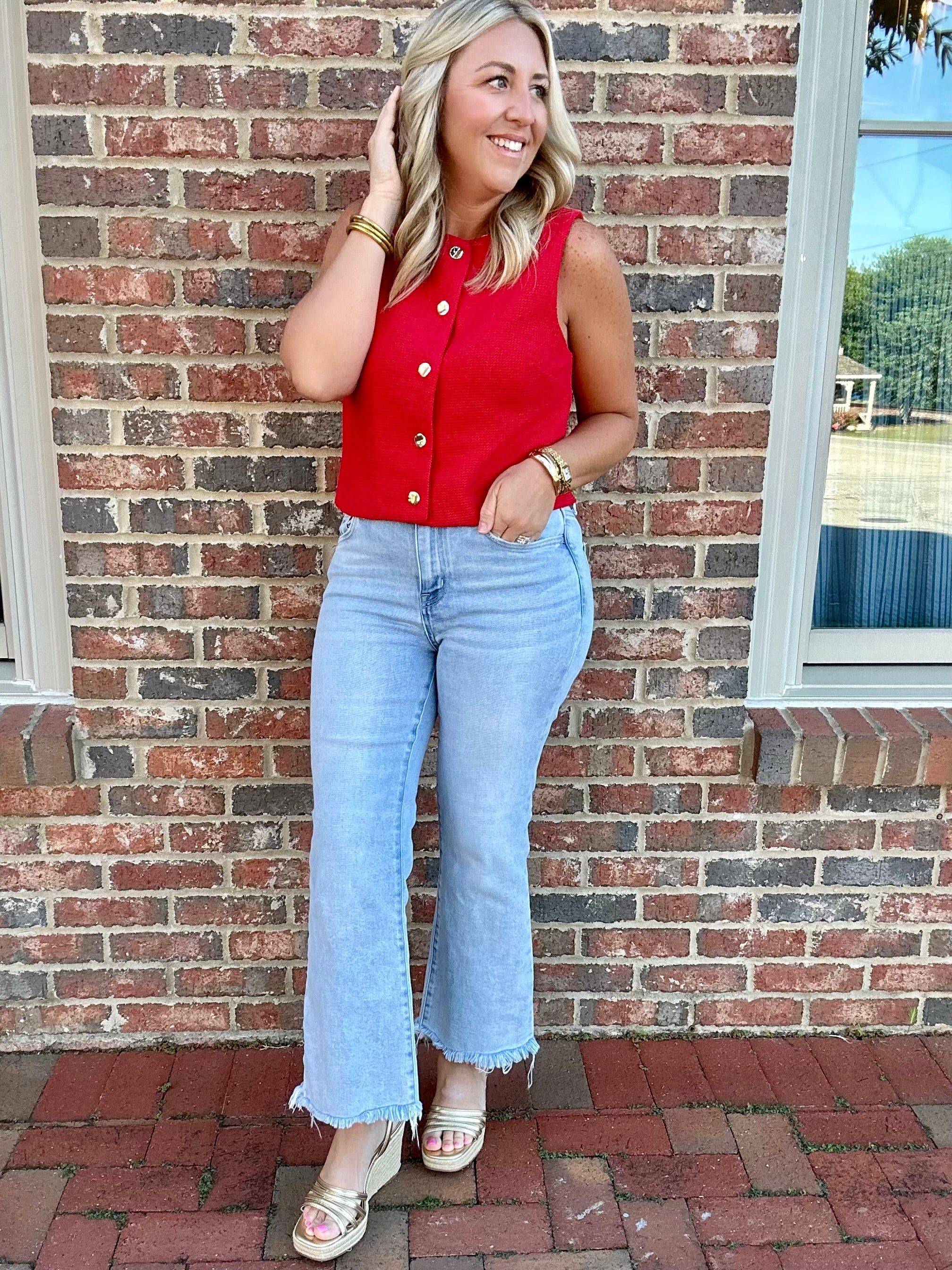 In A Hurry Gold Button Down Knit Sleeveless Top in Red