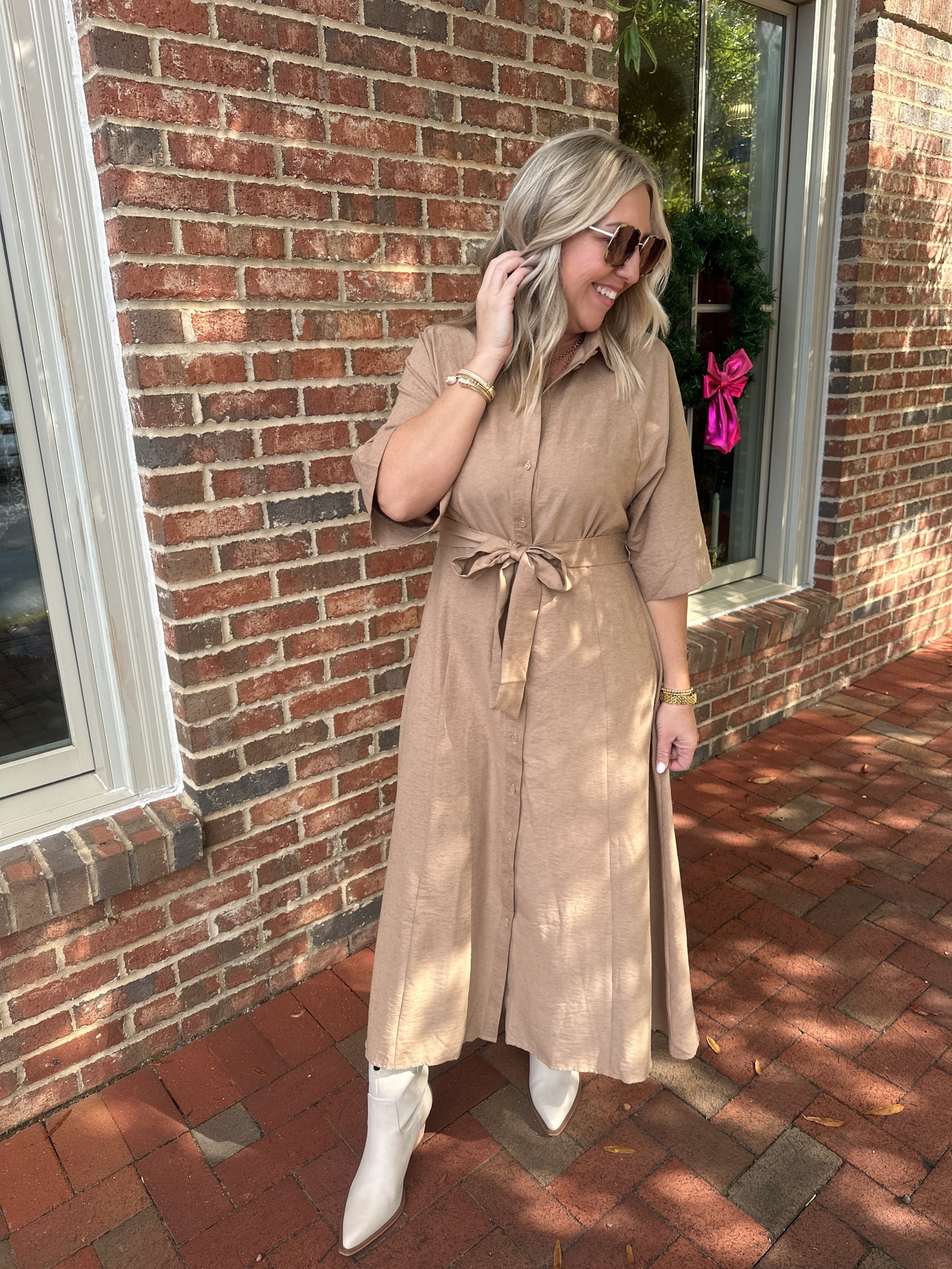 Electric Button Down Tie Waist Dress