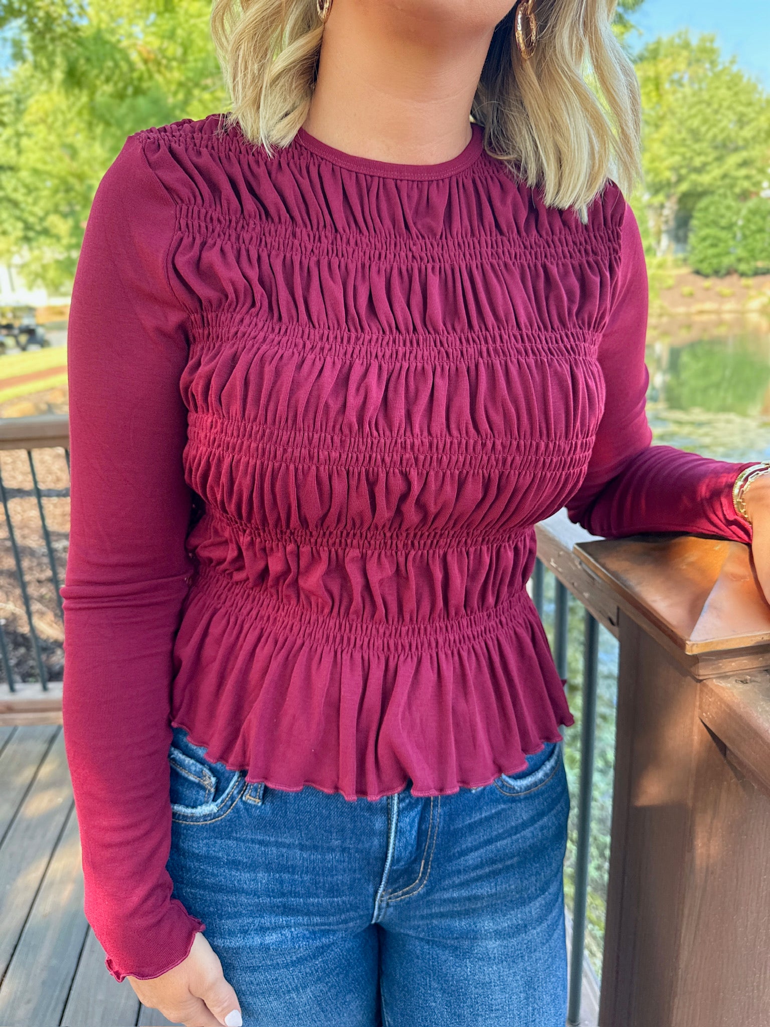 Lovely Round Neck Long Sleeve Smocked Top