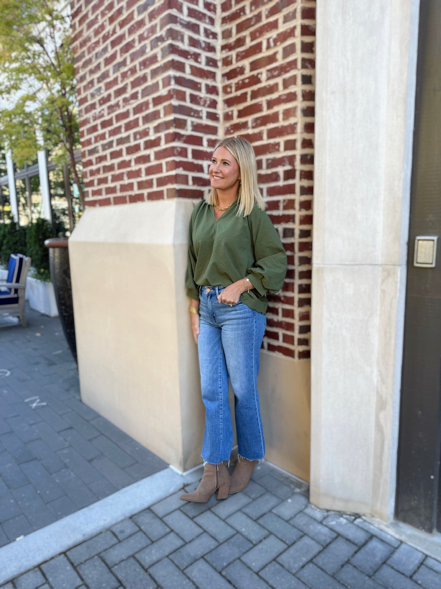 Feelin’ Myself Textured Blouse with Bubble Sleeve in Olive