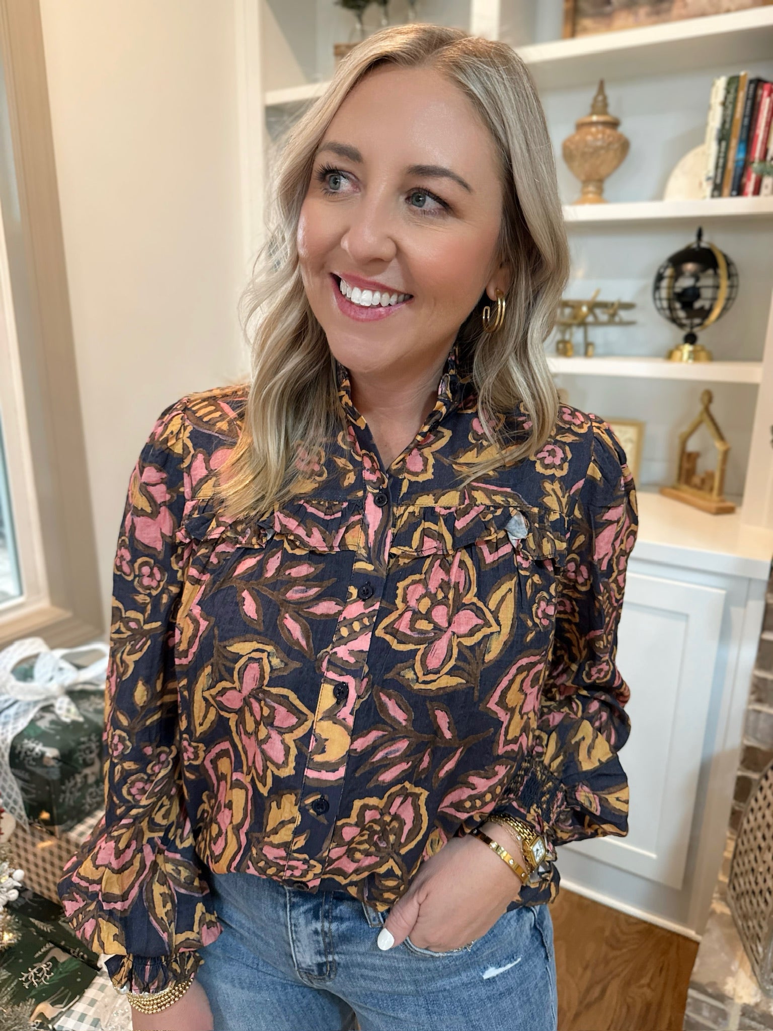 I Was Busy Floral Print Button Down Blouse Top